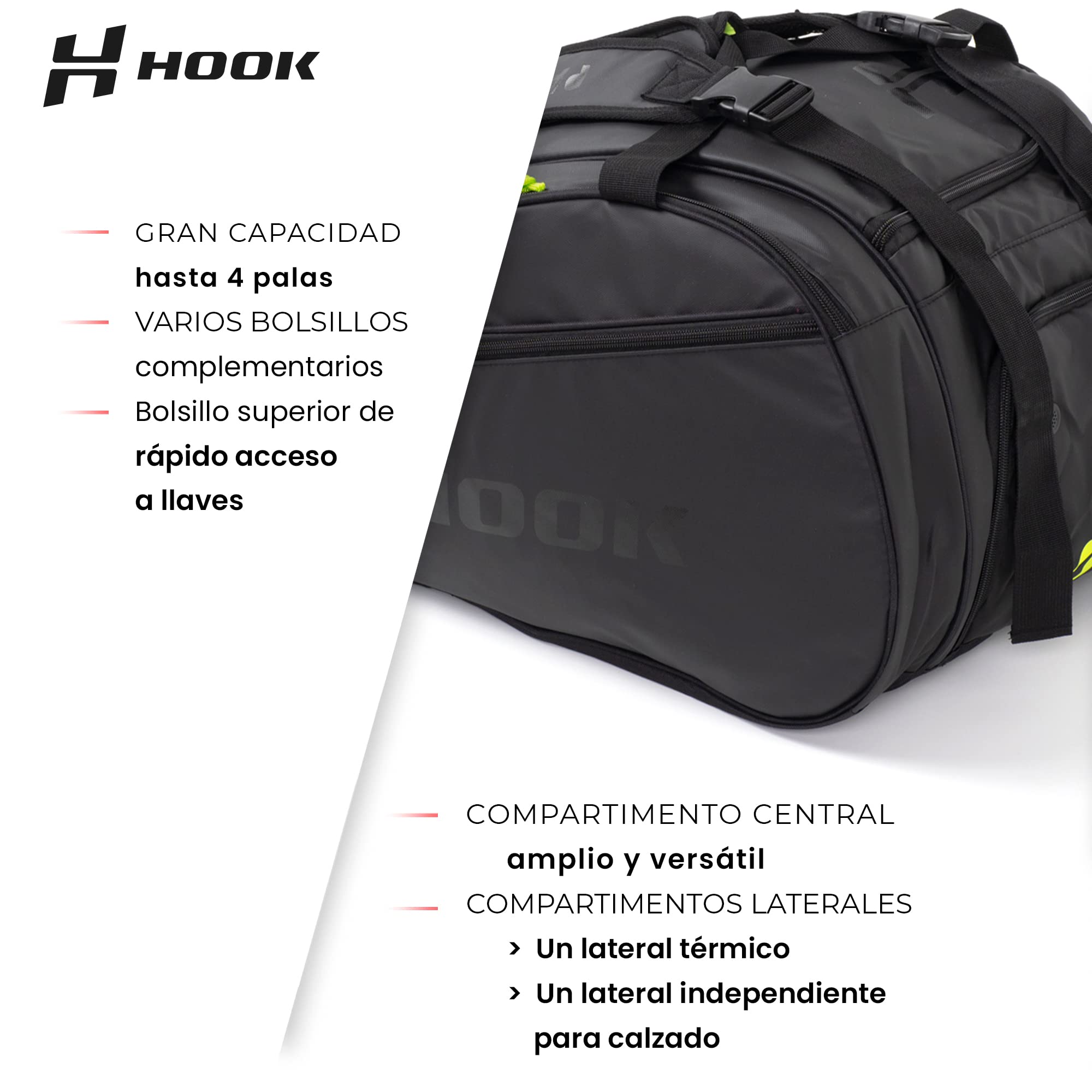 PADEL RACKETS INNOVATION SL. Hook - Paletta per 4 pale da paddle - 61 x 38 x 30,5 cm - Unisex - Molteplici tasche - Compatimento per scarpe - Cinghie rimovibili e regolabili