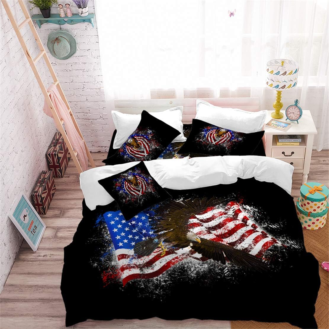 JARSON Colorful American Flag Bedding Sets Bald Eagle Printed Duvet Cover Sets Flag Theme Patriot Quilt Cover King Size