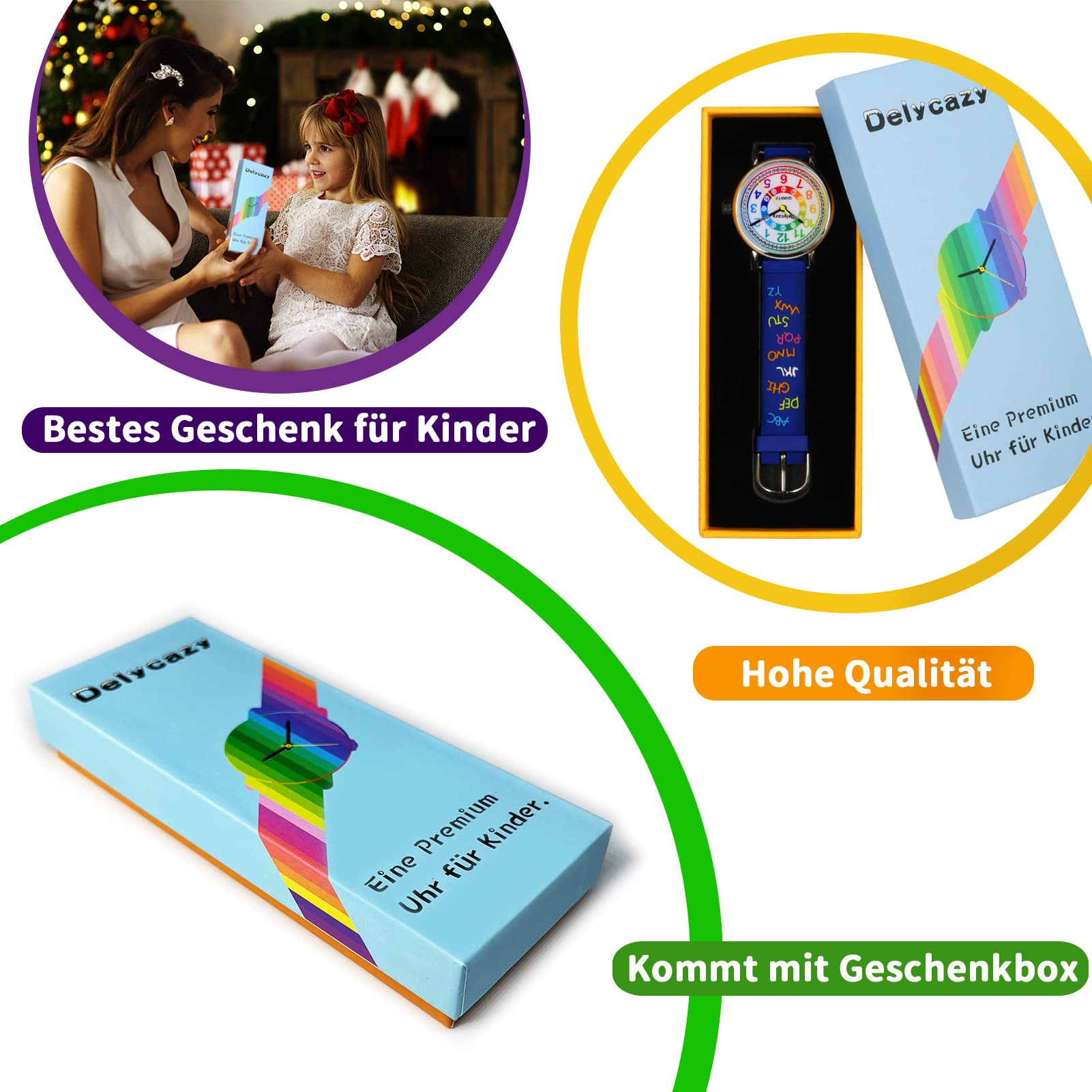 Delycazy Kinderuhr Mädchen Junge, Kinder Armbanduhr lernuhr Analoge kinderuhr Lern Armbanduhr mit Zeitlernübungen, Hochwertigem Quarzwerk