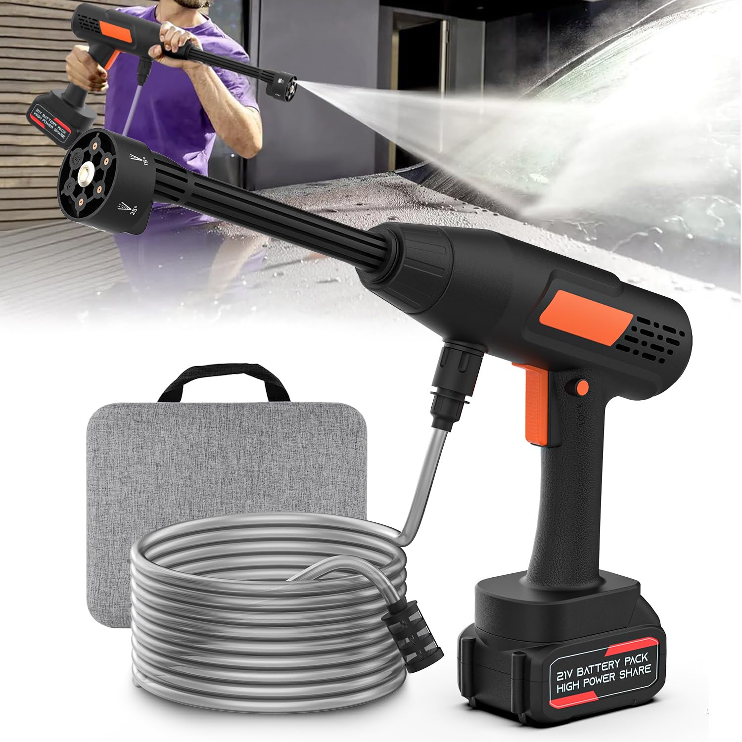 Ablemark Akku Hochdruckreiniger 76 bar, Kabelloser Mobiler Hochdruckreiniger mit 6-in-1-Düse, Schaumflasche, 21V 3,0Ah Akku, 5 m Schlauch, für Auto, Hof, Garten, Balkon, Terrasse und Fahrrad