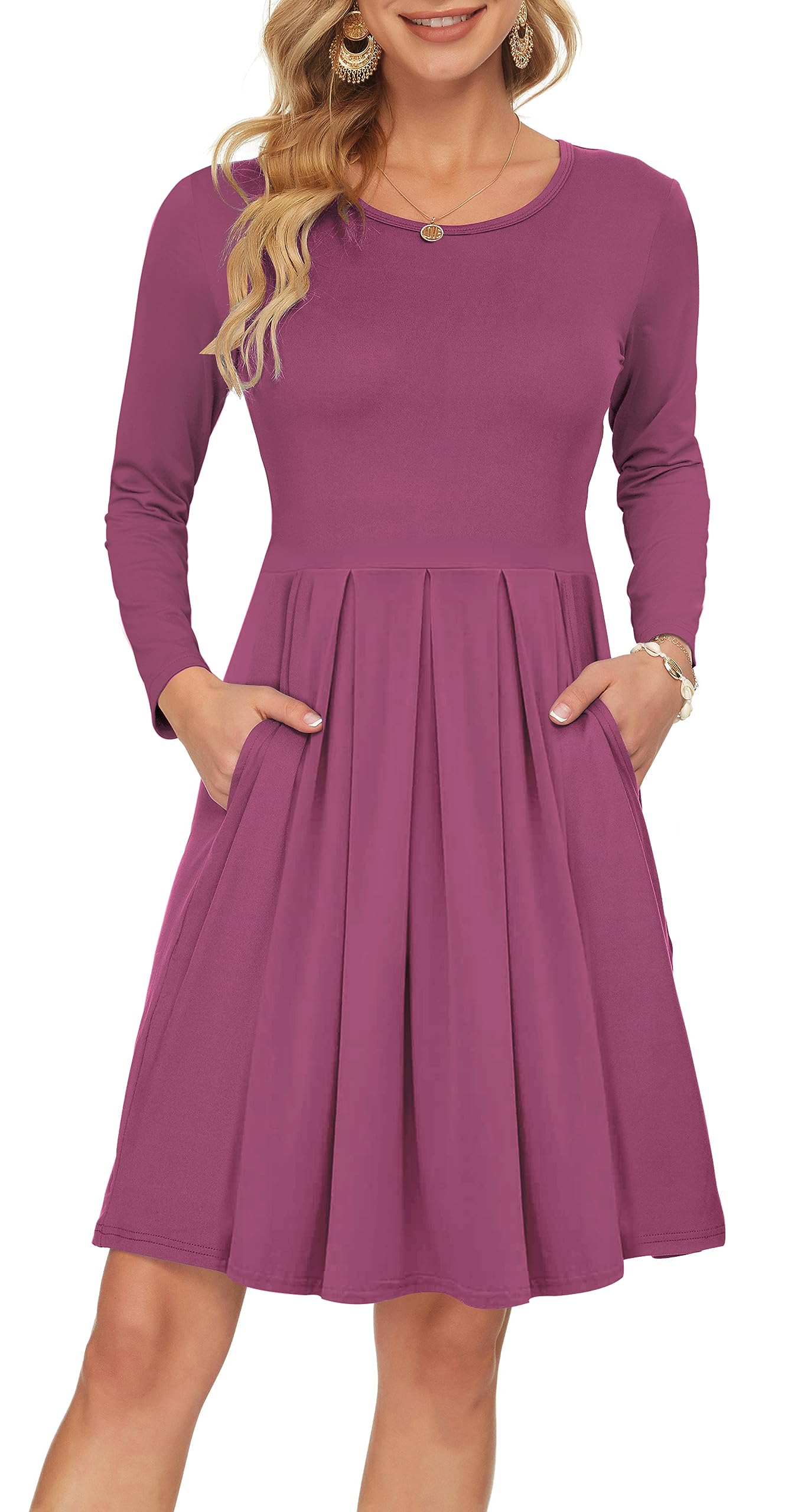 Auselily Women's Mauve Long Sleeve Pleated Loose Swing Casual Dress With Pockets Knee Length S