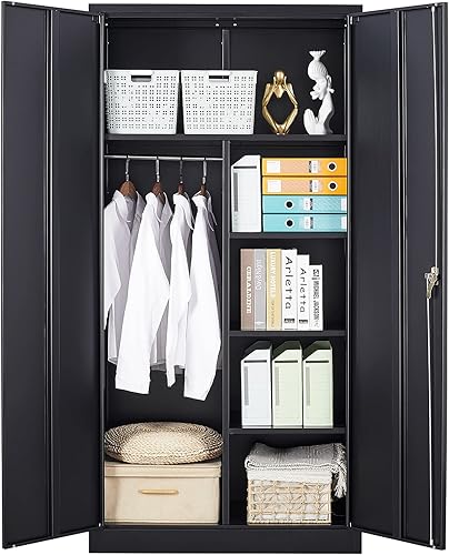 STANI Gabinete de almacenamiento de metal, gabinete de almacenamiento de metal con bloqueo de 72 pulgadas con estantes y barra para colgar, gabinete