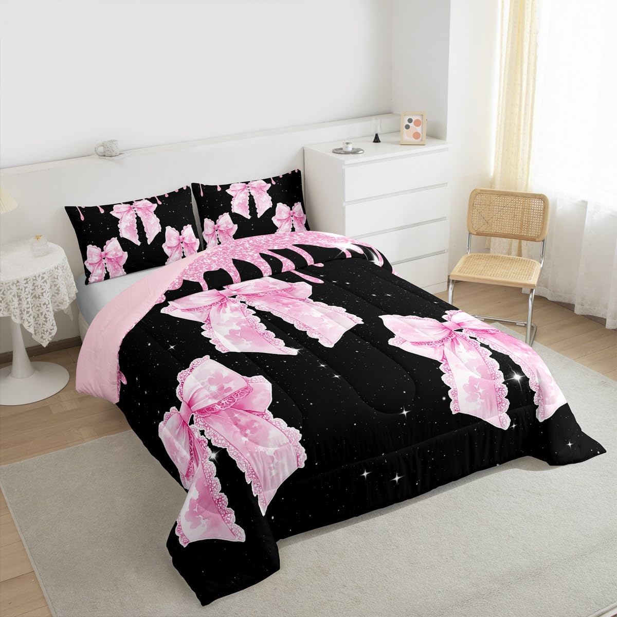 Feelyou Black Pink Bow Kids Comforter Set Twin Size Cute Coquette Bow Knot Bedding Set Glitter Print Duvet Quilt for Kids Boys Girls Bedroom Princess Style Decor Girly Ultra Soft Breathable