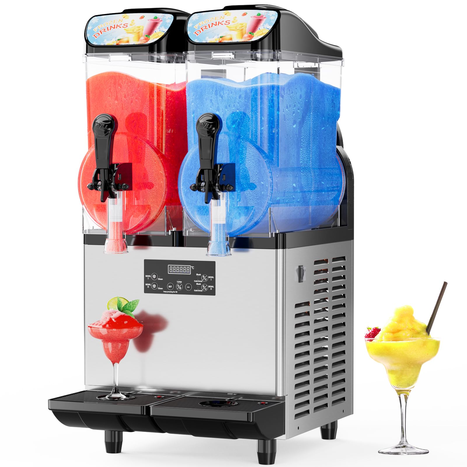 8Gal/30L Commercial Slushy Machine,Independently Control 2 Tank's Temp,5-45 Minutes to Make Margarita & Slushie & Cold Drink,Built-in LED Light,110V