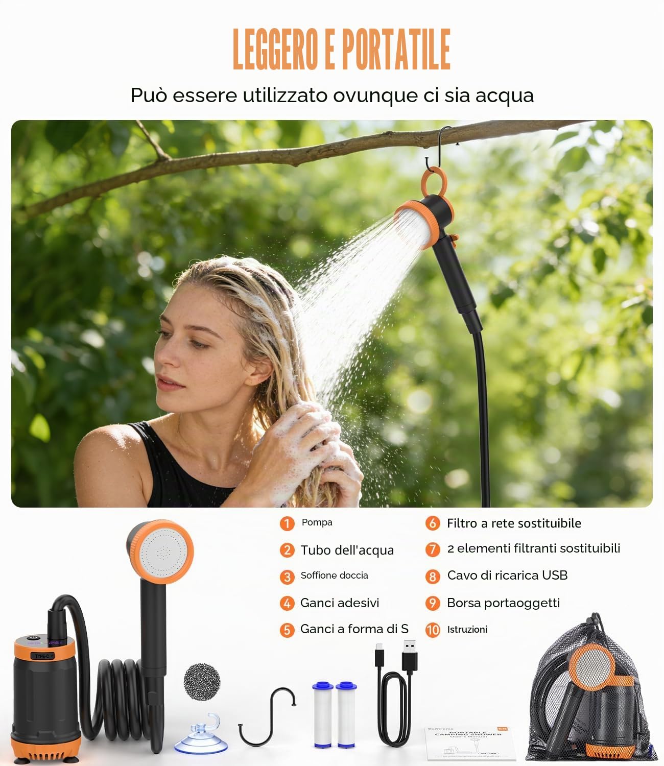 Doccia da Campeggio Portatile 8000mAh, Ricarica USB-C Rapida, IPX8 Impermeabile, Display LED con Temperatura (10-50°C), 2 modalità di Pressione, per Camper, Spiaggia, Pet, Emergenza Idrica | Impermeabile, Display LED con Temperatura (10-50°C), 2 modalità