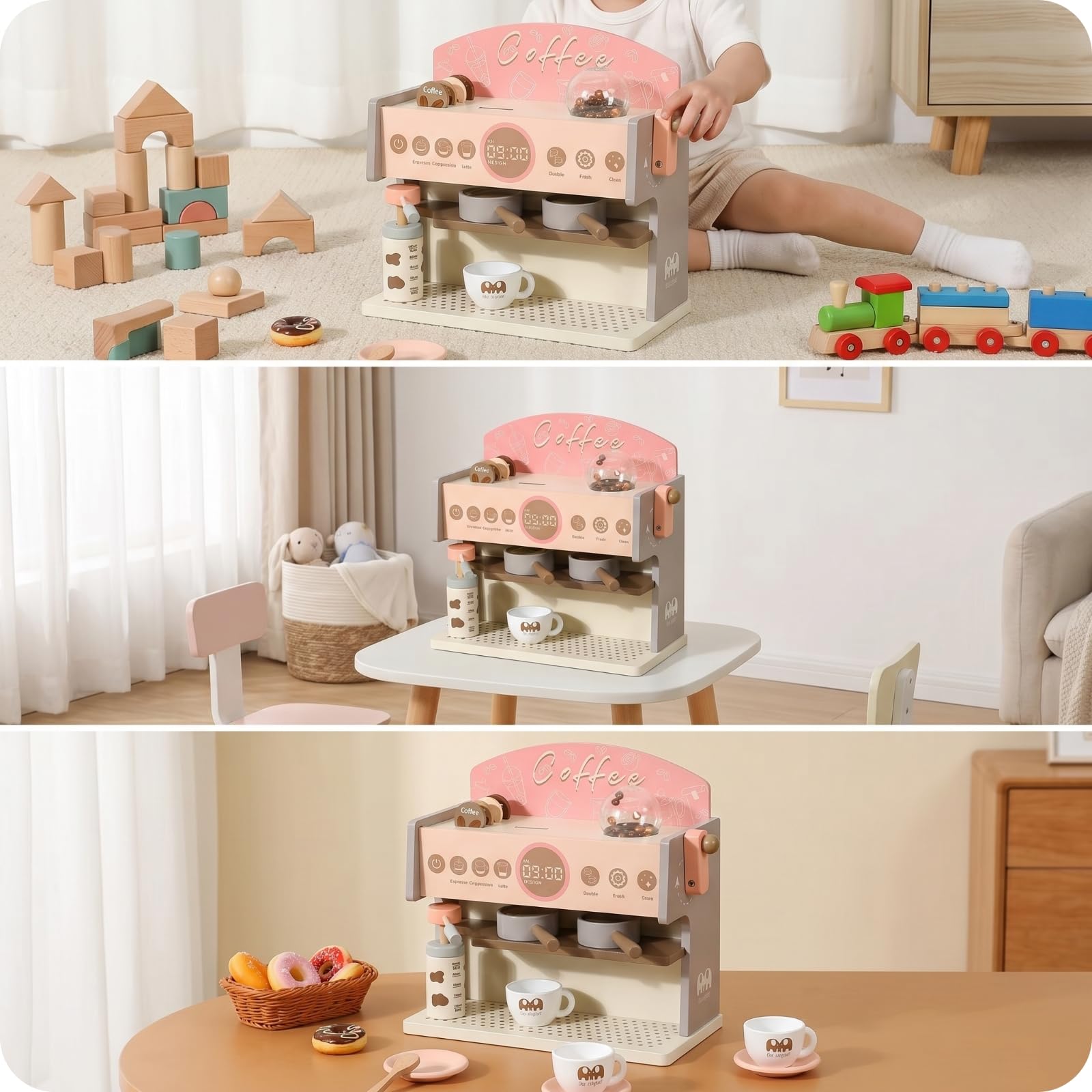 Accessori Inclusi a Tema Cucina Macchina Caffè Giocattolo in Legno Gioco di Imitazione per Bambini