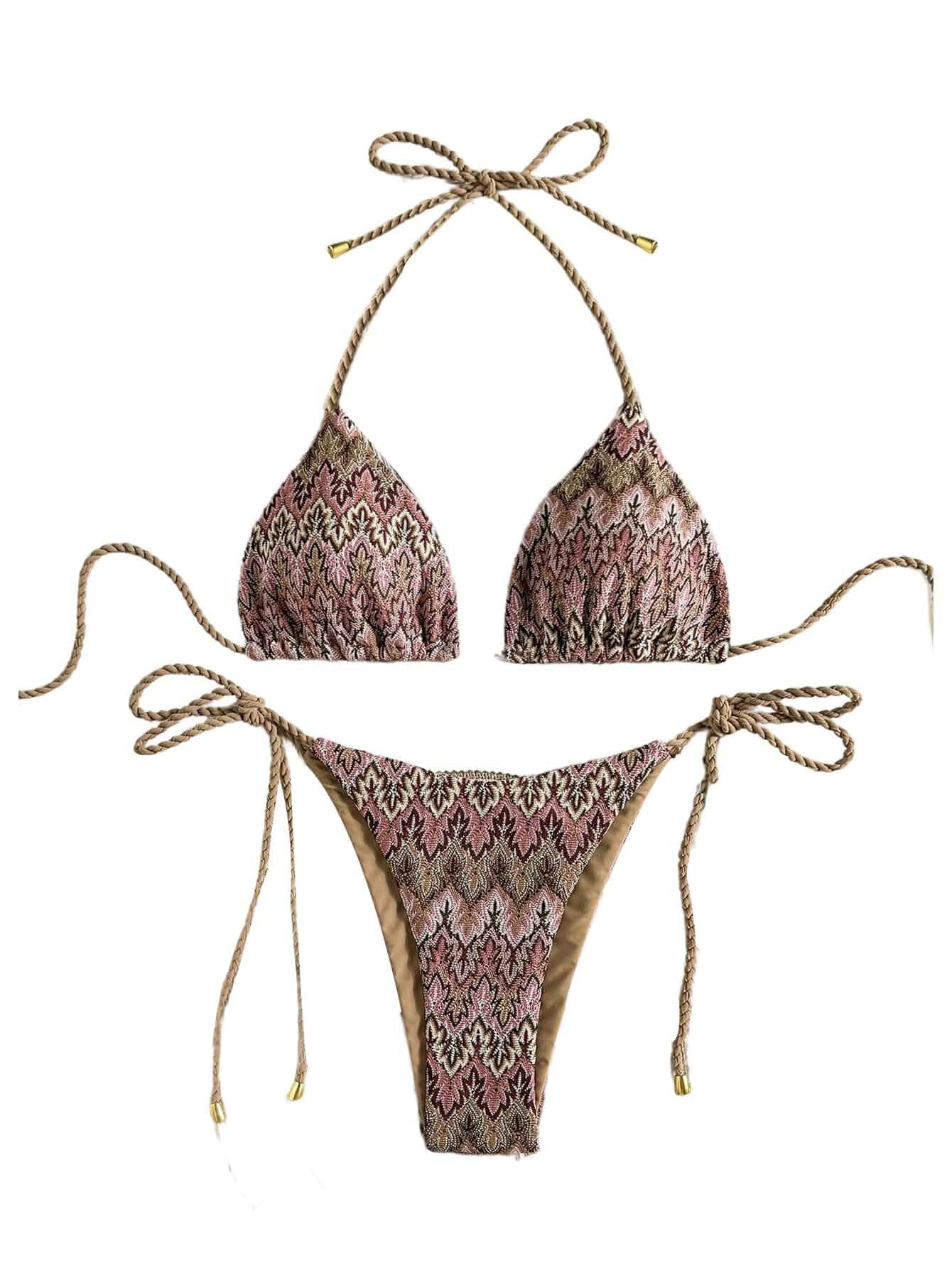 MakeMeChic Women's 2 Piece Bikini Sets String Triangle Halter Low Rise Tie Backless Boho Bathing Suits