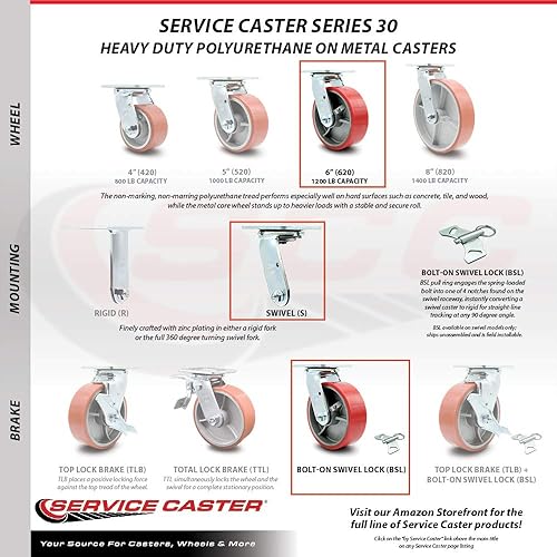 Vista 56 de Rueda rígida de poliuretano sobre hierro fundido con rueda roja de 4 pulgadas, capacidad de 700 libras, marca Service Caster
