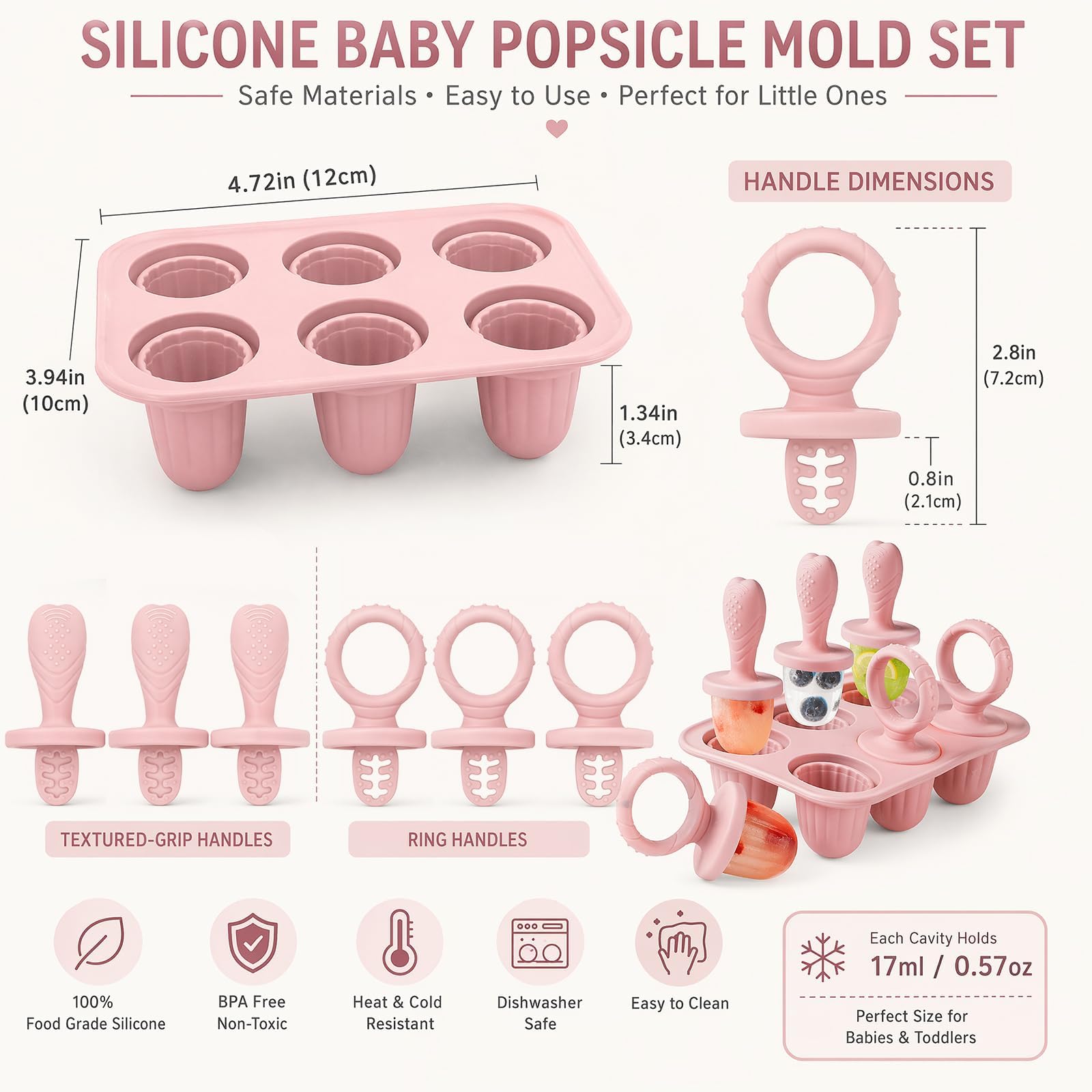 Molde Helado Bebe, 6x 17ml Moldes Helados Silicona Libre De BPA, Moldes Helados Con Palos Dentición, Ideal Para Bebe Manos Pequeñas (Rosa)
