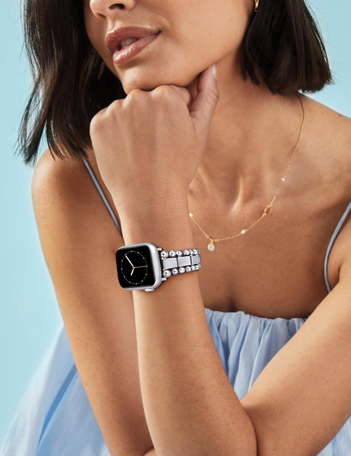 TOYOUTHS Beaded Bracelet Compatible with Apple Watch Bands 38/40/41/42/44/45/46/49mm Women, Dressy Fancy Stainless Steel Metal Elegant Jewelry Strap for iWatch Series 11 10 9 8 7 6 5 4 Ultra/SE 3 2 1
