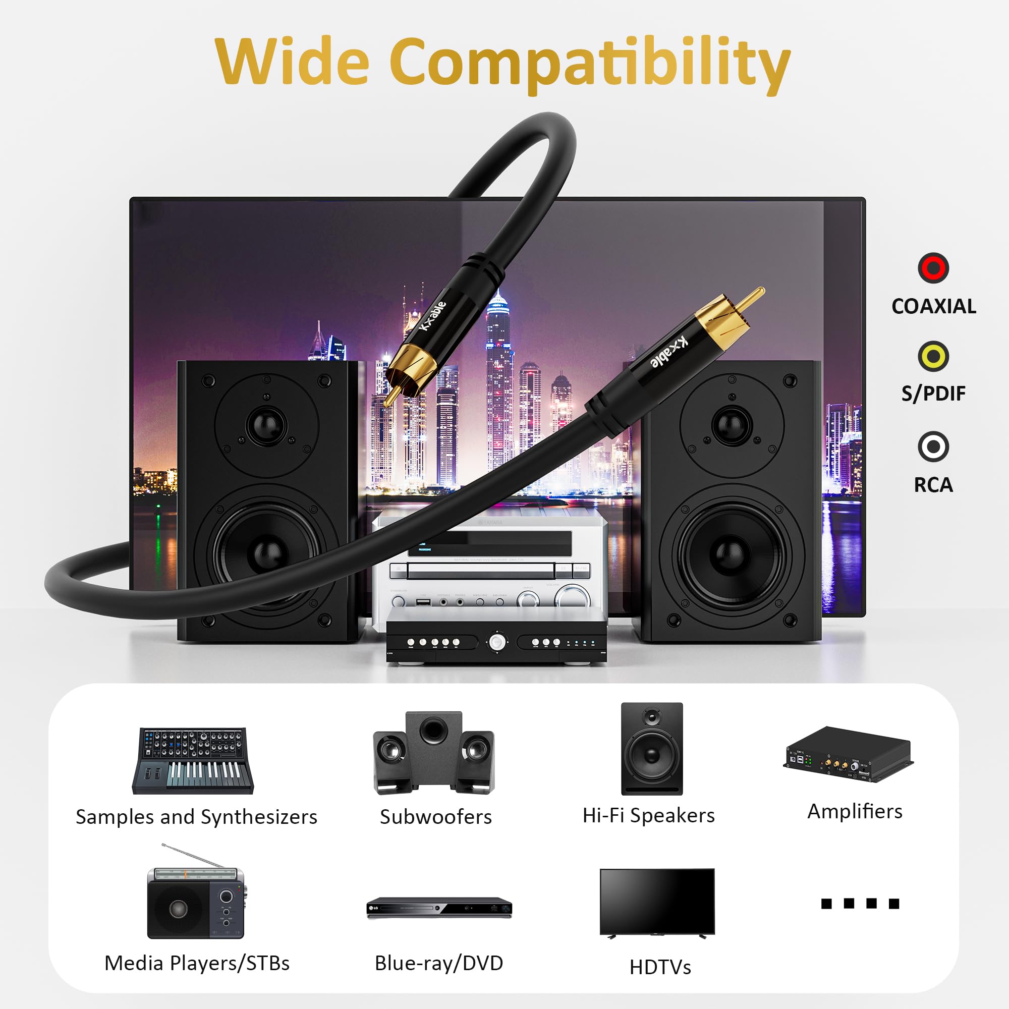 Cable de subwoofer RCA a RCA de 75 pies, cable de audio coaxial digital, cable RCA S/PDIF de alta calidad para cine en casa, HDTV, subwoofer, sistema de alta fidelidad, amplificador, cobre estañado de