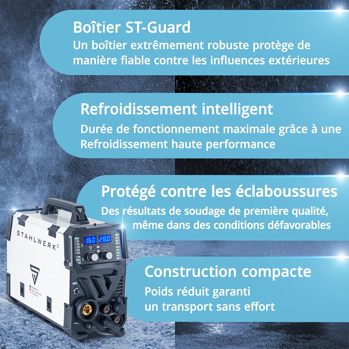STAHLWERK Poste à souder combiné 6-en-1 CTM-416 Puls Pro – CUT, TIG, MIG/MAG, PULSE, MMA (ARC), FLUX jusqu'à 160 A, découpeur plasma jusqu'à 40 A, amorçage HF, fonction Pulse, dévidage de fil, LED