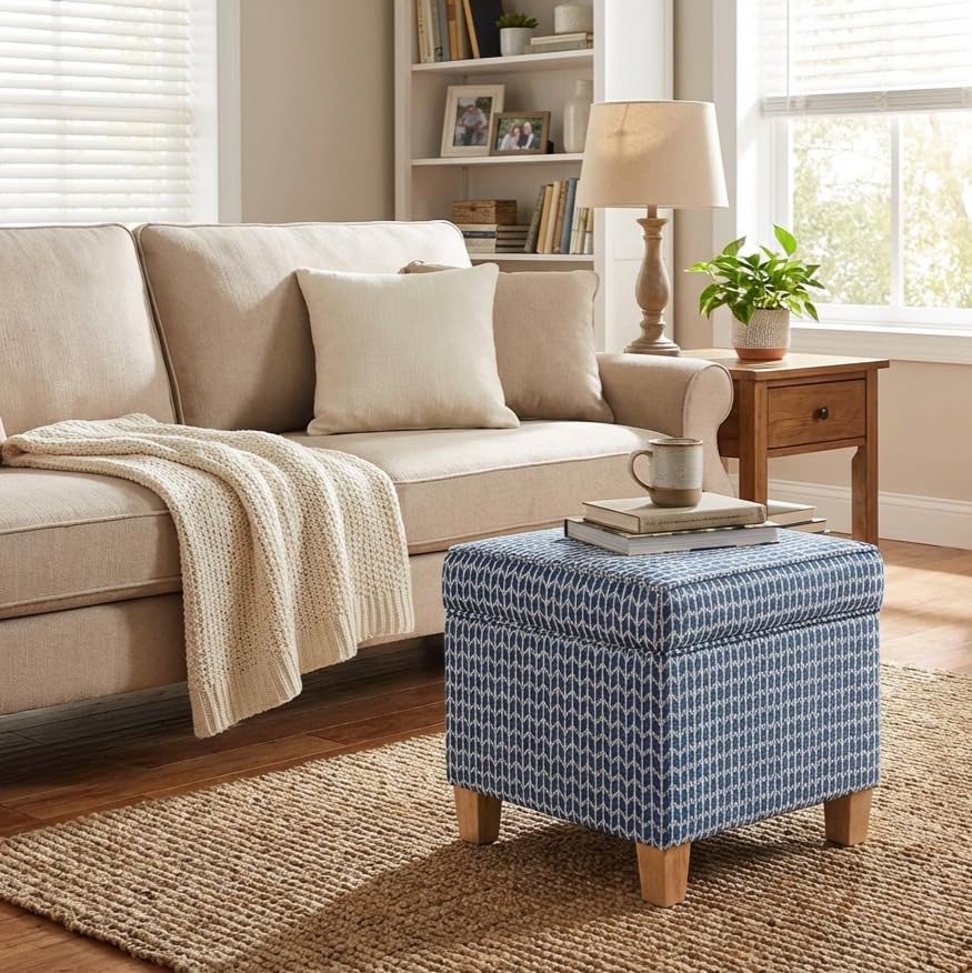 Image of HomePop 18 inch Classic Square Storage Ottoman - Blue Chevron Print