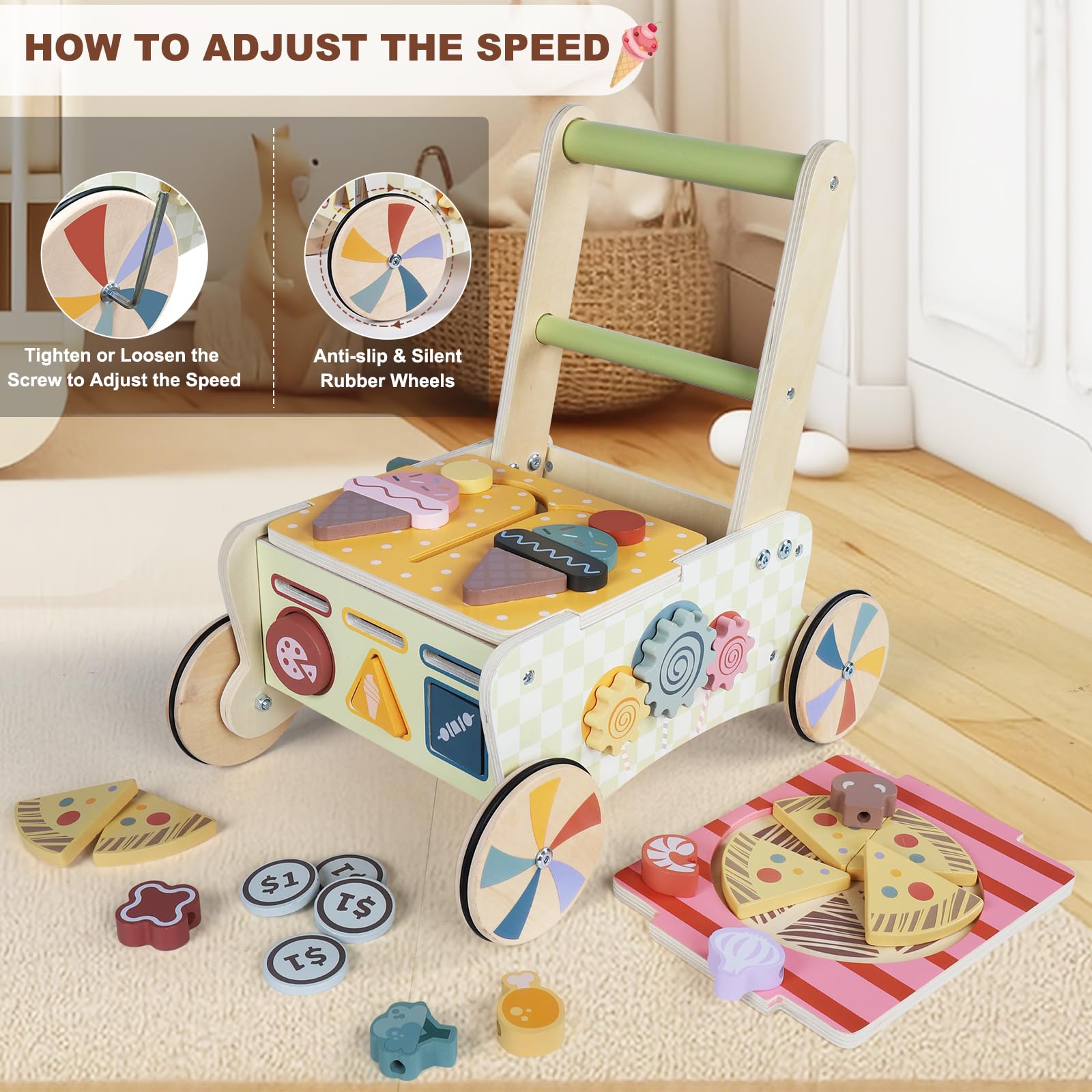 Kitchen Montessori Walker z drewna, zabawka Baby Walker z regulowaną prędkością