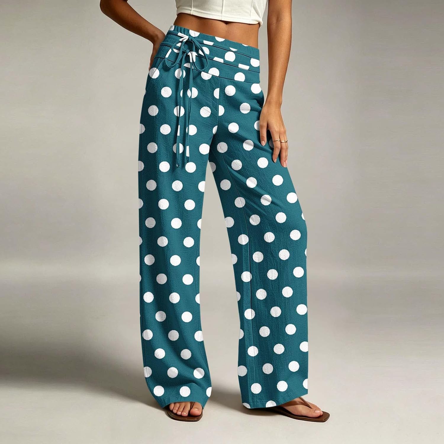 Polka Dot Pants for Women Drawstring Elastic Waist Self Tie Comfy Pants Casual Lounge Loose Trousers with Pockets