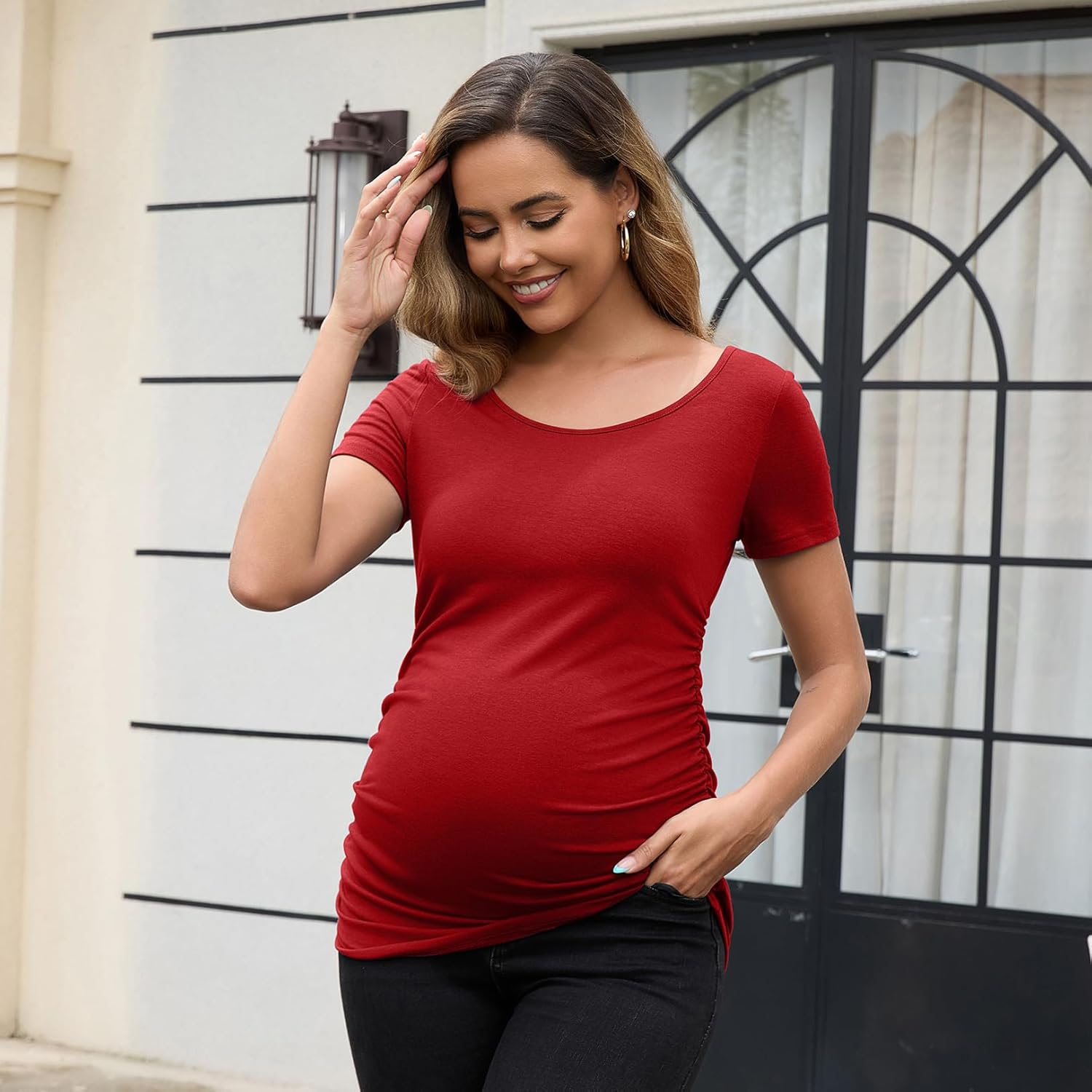 GINKANA Short Sleeve Maternity Tops Shirts Floral Ruched Sides Casual Mama Pregnancy Blouses Clothes - Image 2