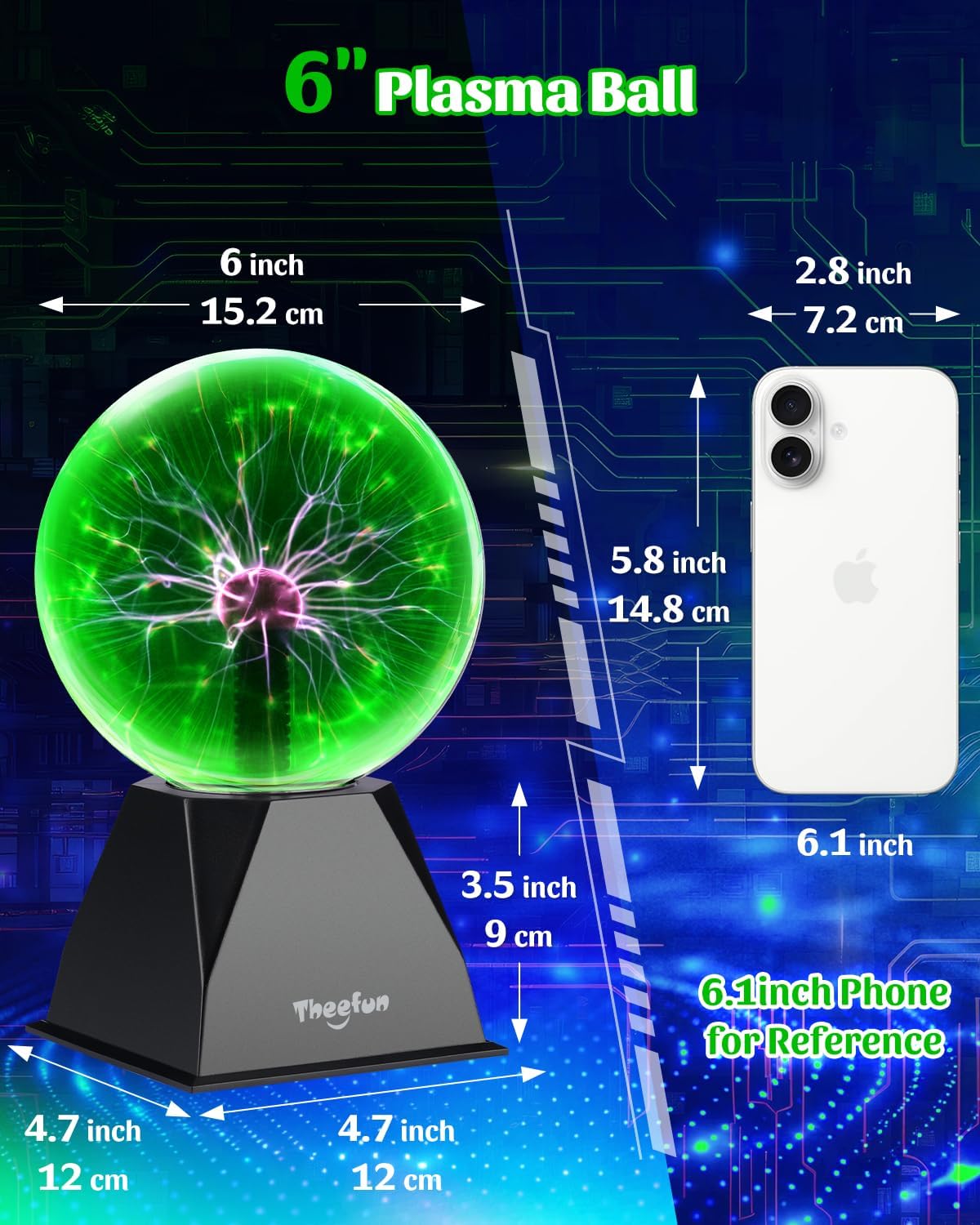 Theefun Green Plasma Ball: 6 Inch Plasma Globe Easter Gifts Touch & Sound Sensitive Plasma Ball Lamp Electric Ball Lightning Novelty Light for Parties, Home, Prop, Room Decoration