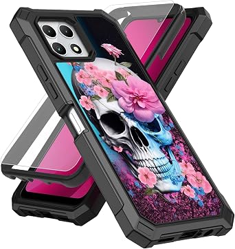 Case for T-Mobile Revvl 7 5G Phone Case 6.58", 2024 with Screen Protector Tempered Glass,Slim TPU Rugged Corners Bumper Cover for Women Men- Pink Flower Skull