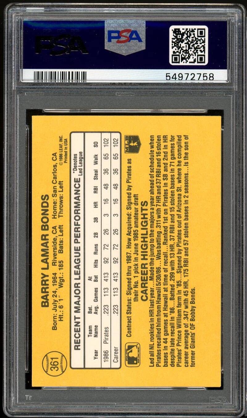 Amazon.com: Barry Bonds Rookie Card 1987 Donruss #361 PSA 9
