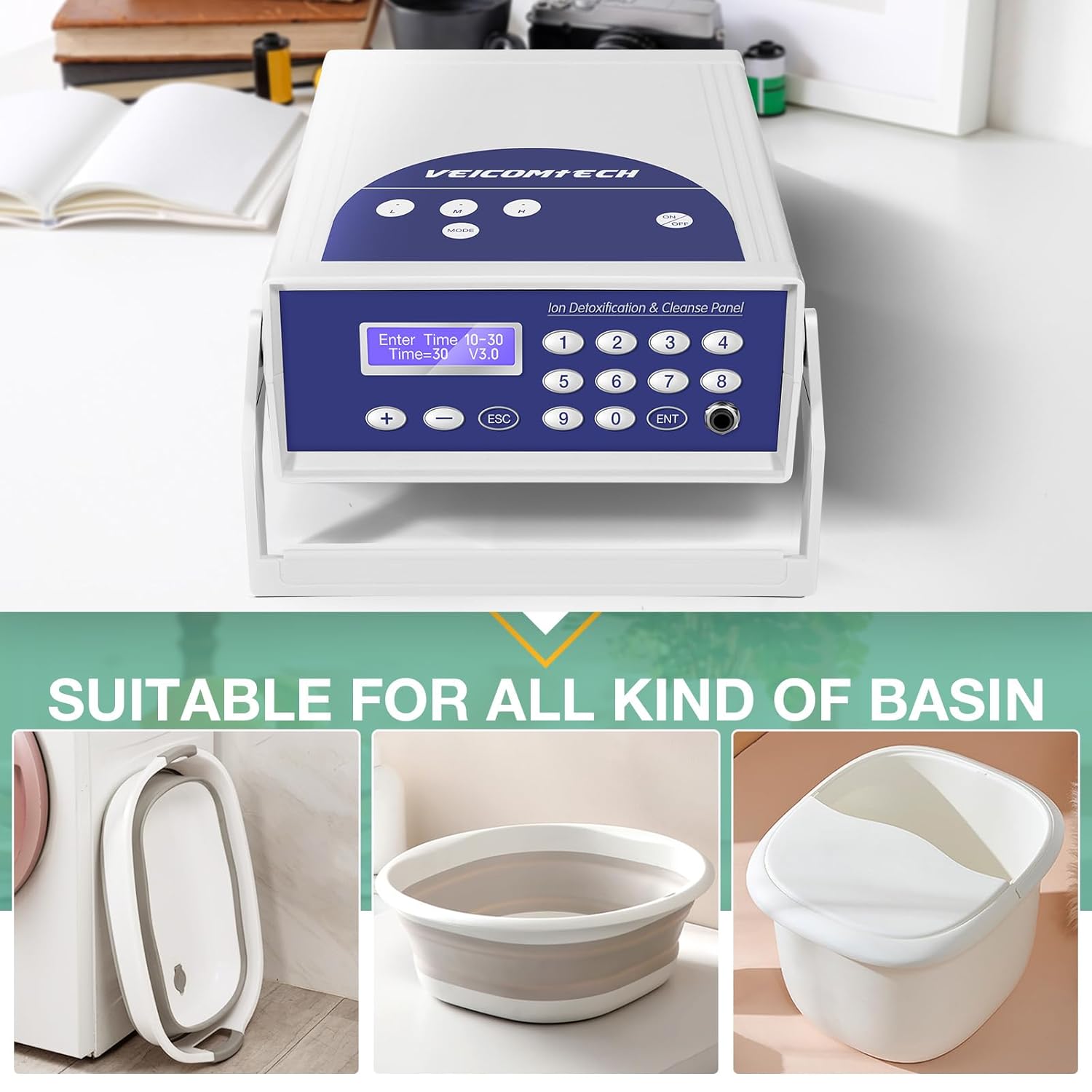 All components of the veicomtech Ionic Detox Foot Bath system laid out.