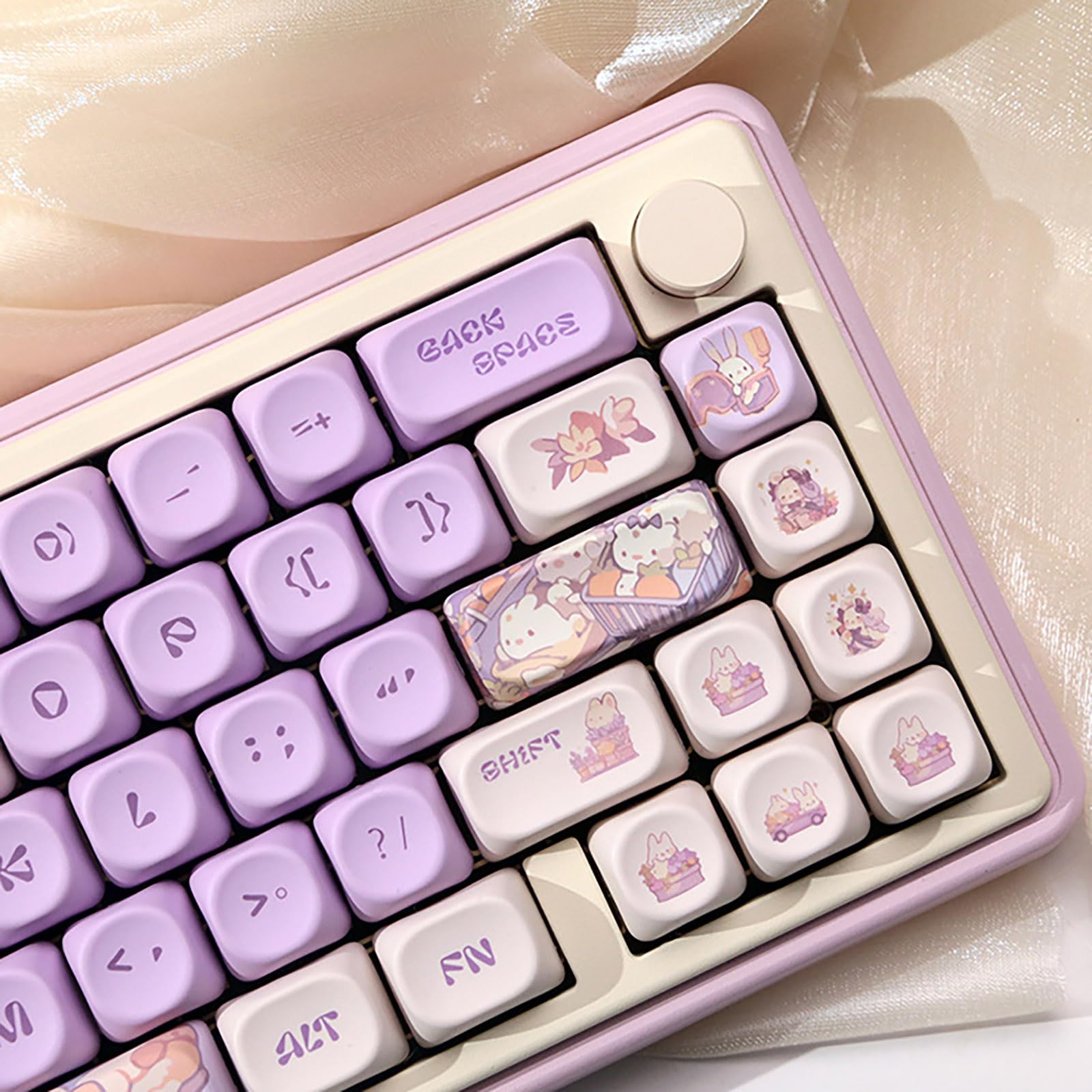 Ensemble de Touches Rondes Violettes en PBT 131 Touches avec Profil MOA de Lapin Mignon pour Filles et Enfants, Clavier personnalisé pour Clavier de Jeu mécanique à Disposition ANSI,A