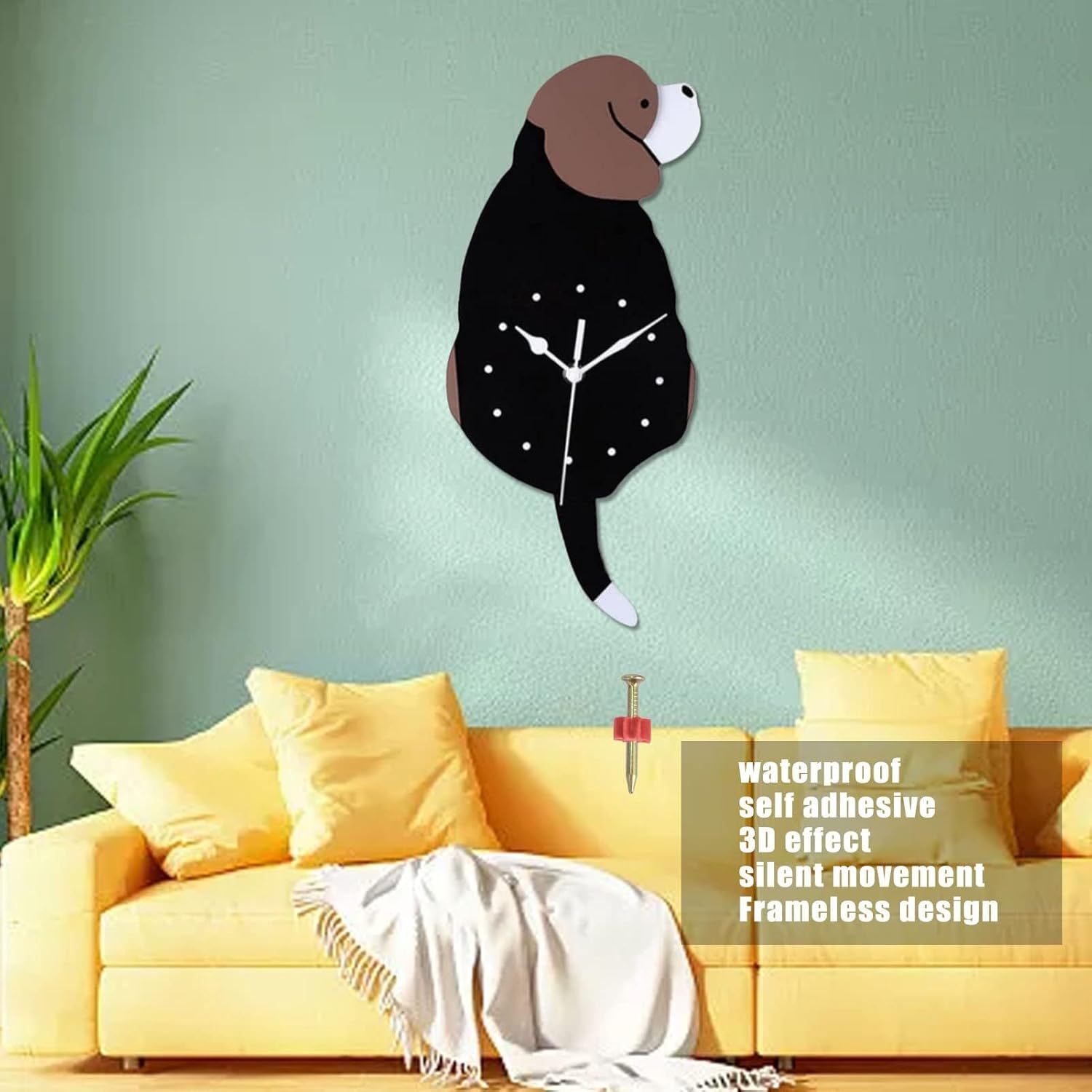 Unique Lovely Wall Clock 3D Dog Shape Cartoon Wagging Tail Puppy Silent Wall Clock Home Living Room Decoration(Gray)
