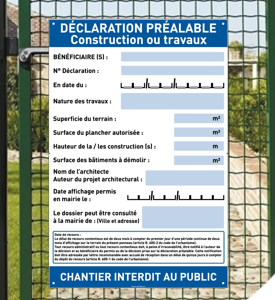 AUA SIGNALETIQUE - Panneau Déclaration Travaux Chantier– Akilux 5 mm – 80 x 120 cm – Avec Marqueur + Panneau “Chantier interdit au public” (Déclaration Préalable Travaux)