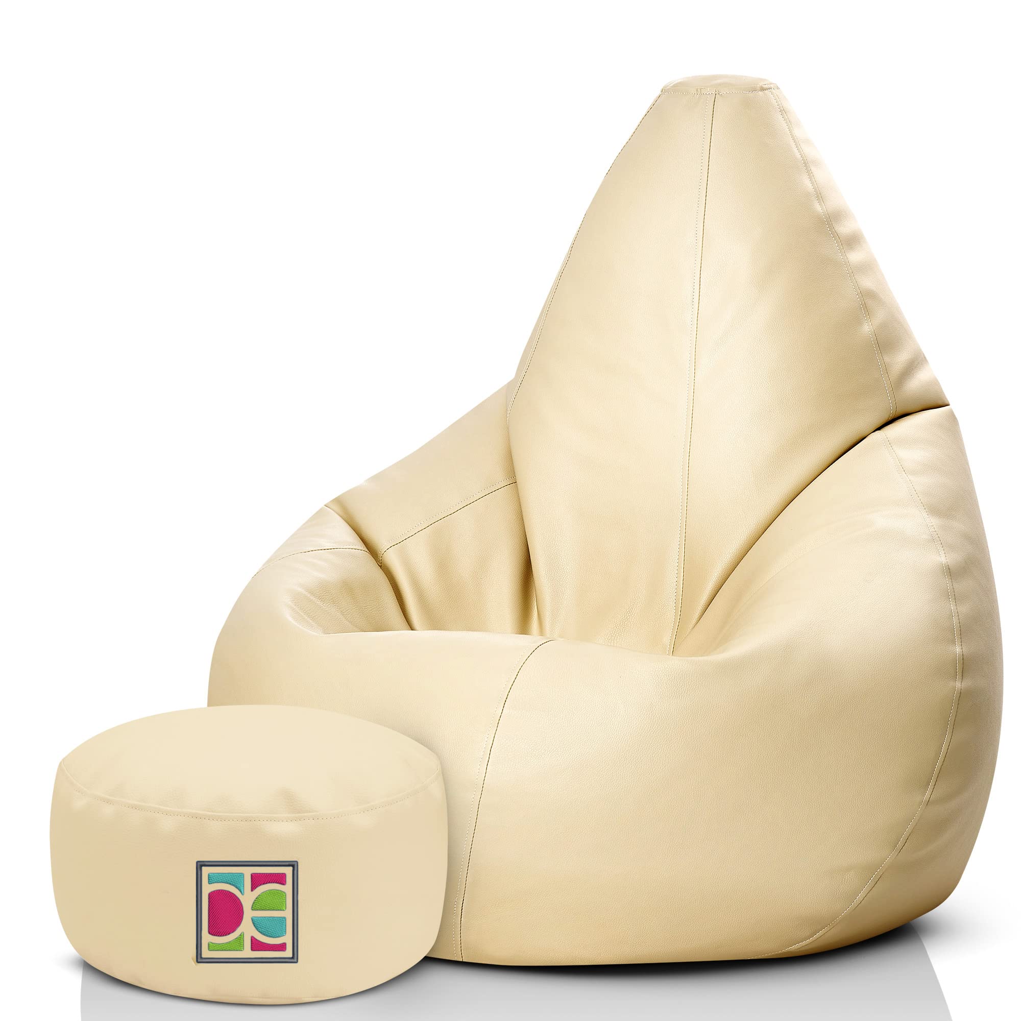 Puff Pera XXL con Relleno Incluido – Puff con Reposapies - Ideal para Adultos y Niños, 100% Polipiel (XXL + Reposapies, Beige)