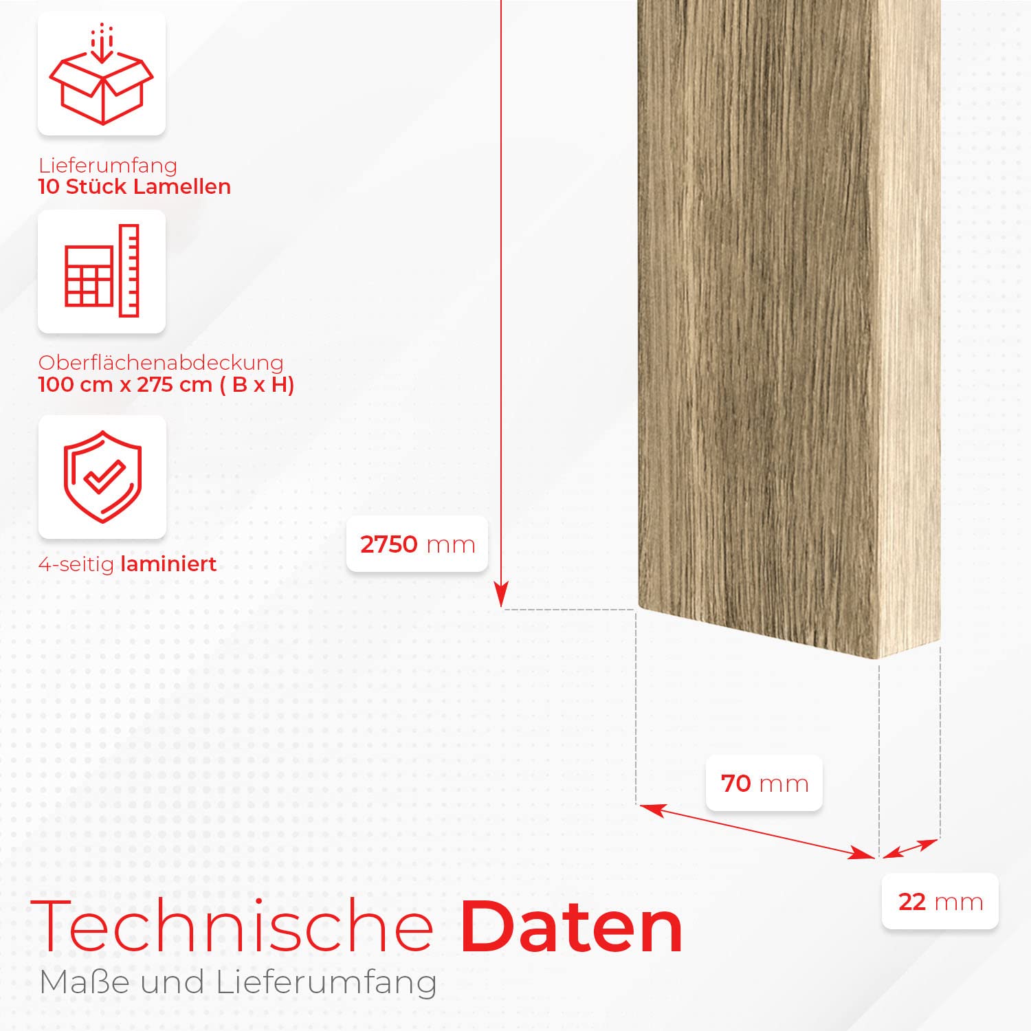 KLEMP Freistehende Lamellenwand aus MDF 22x70 mm, vertikale oder horizontale Decken- oder Wandverkleidung, Holzpaneele für Wand und Decke, für Flur, Wohnzimmer, 10 Stück LA707 Wotan Eiche …