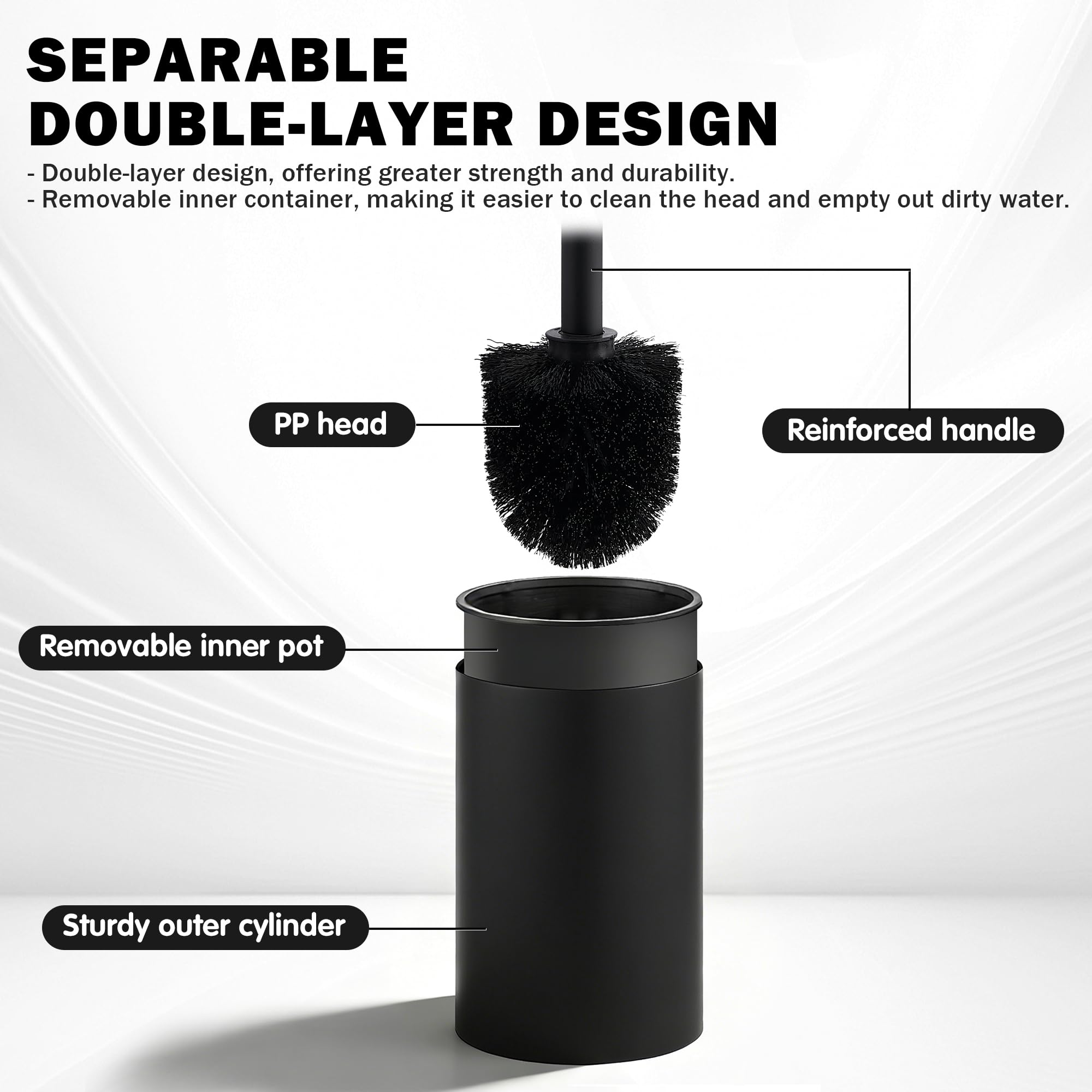 ASKLUND Brosse WC Brosse Toilettes WC Balai en Acier Inoxydable Incluant 2 têtes de Brosse, Montage Mural/au Sol, Noir - 5