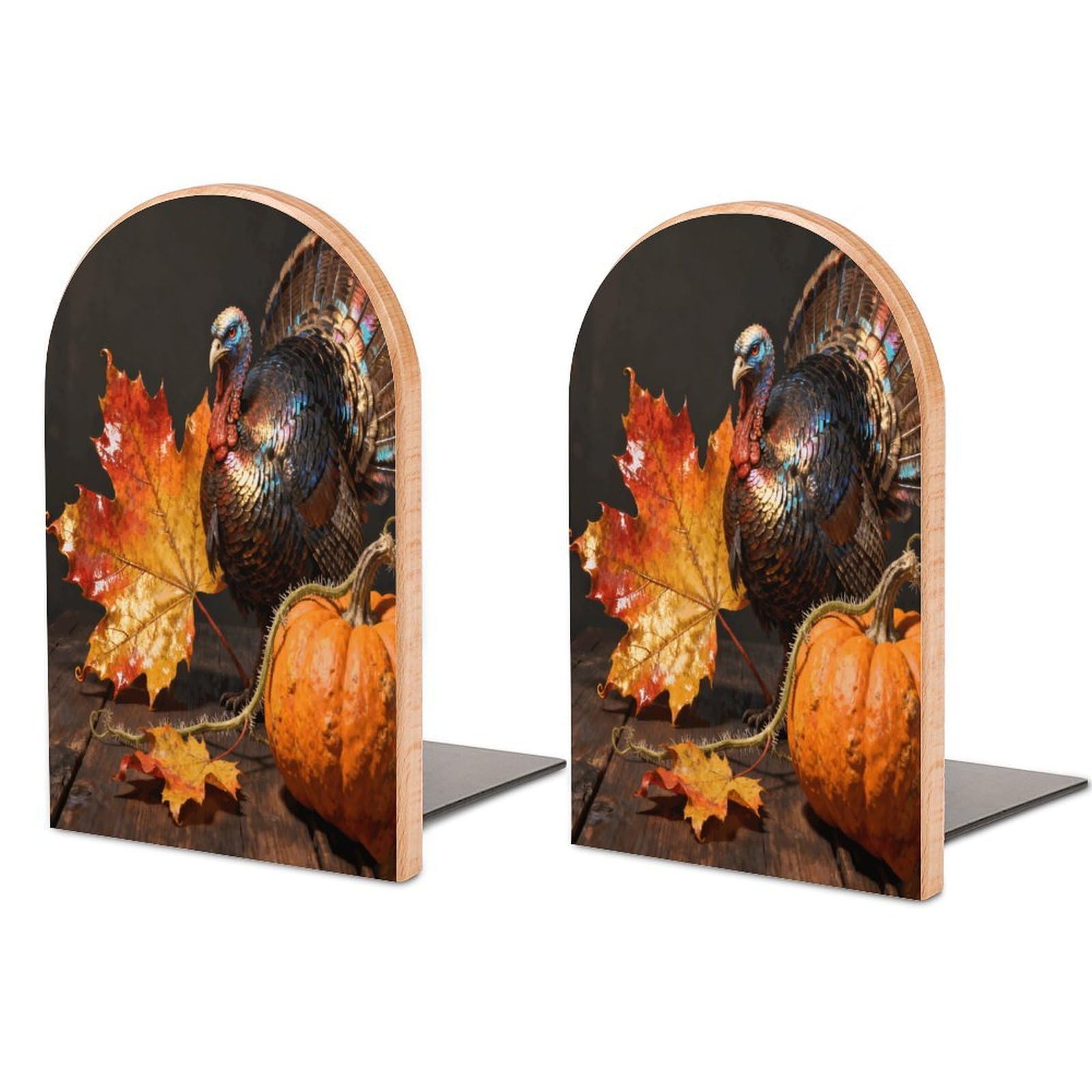 Maple Turkey Pumpkin Book Ends Wood Non-Skid Bookend for Shelves Heavy Duty Bookends with Metal Base Decorative Books Stopper Desk Organizers Book Dividers for Office Home 1 Pair