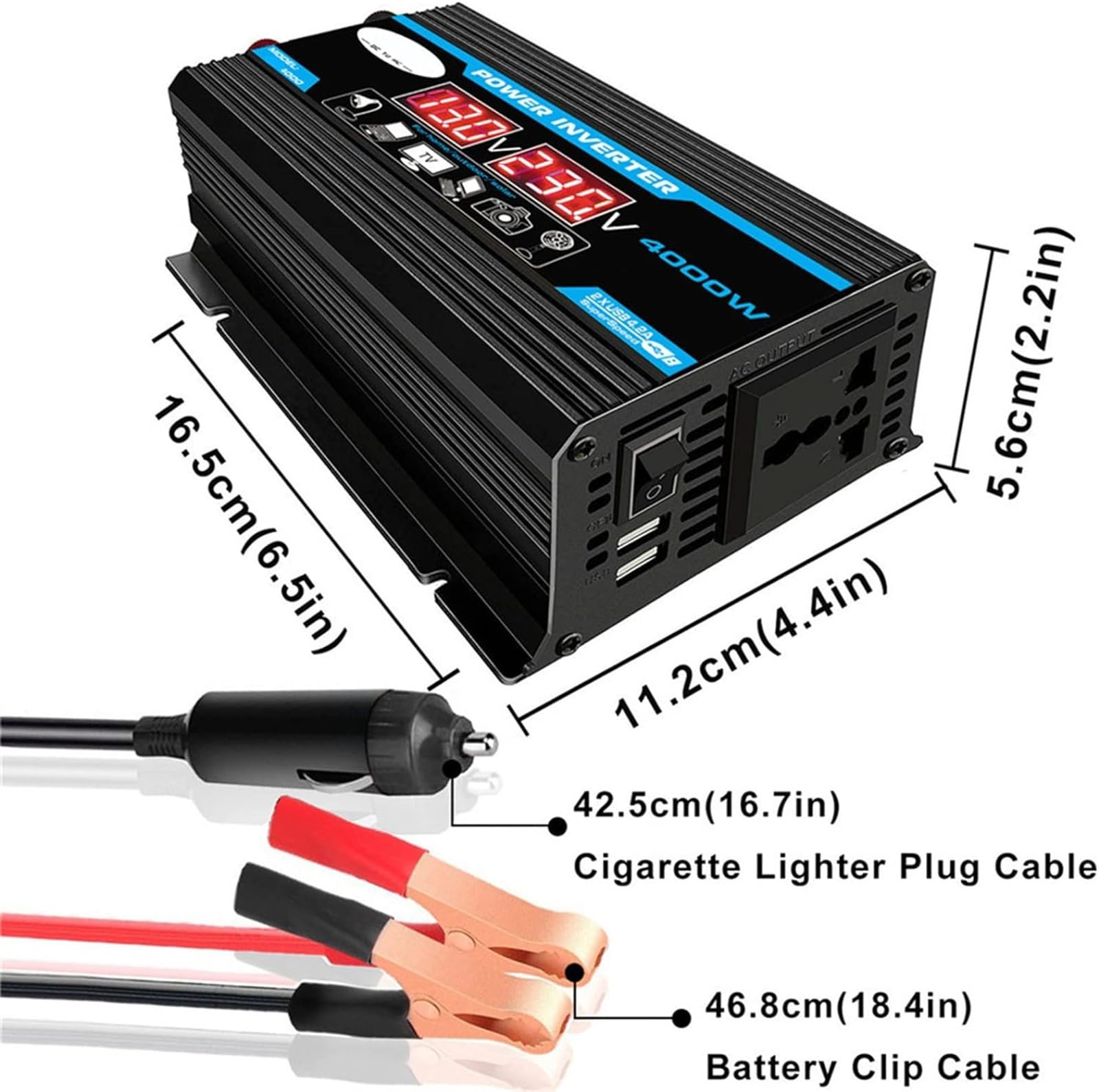 4000 Watt Vehicle Mounted Inverter 12V DC to 110V AC Car Plug Adapter Outlet Converter with LED Display Fast Charging Dual USB Ports (Black)