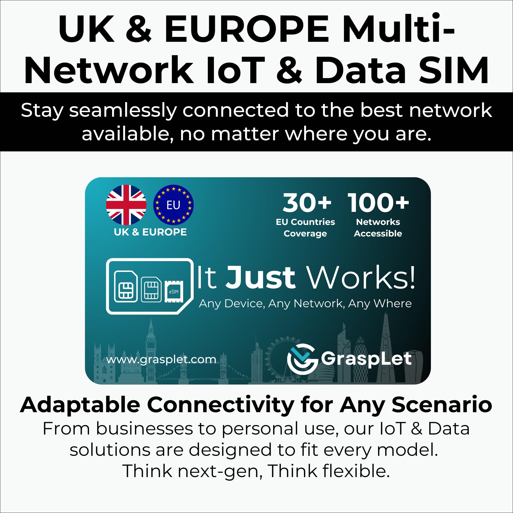 Carte SIM de données multi-réseaux 4G/5G UK et EU | Se connecte automatiquement au signal le plus fort | 12 mois de validité