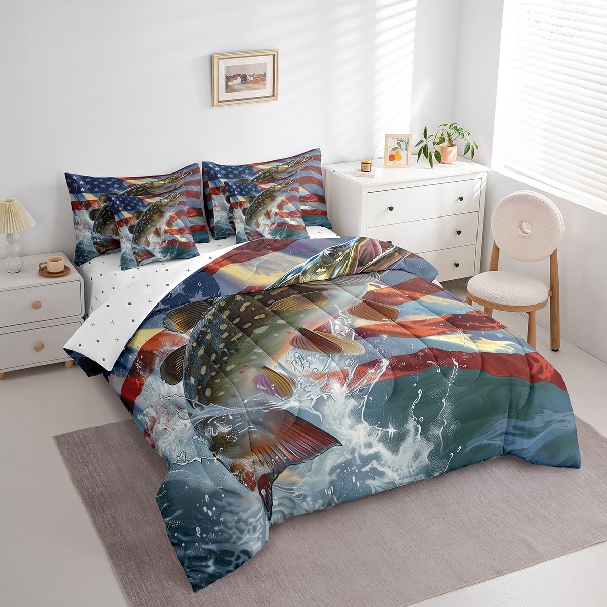 Feelyou American Flag Big Pike Fish Comforter Set with Sheets Bass Big Fish 7 Piece Bedding Set for Kids Boys Girls Hunting Fishing Bed in a Bag Soft Bed Set Twin Size