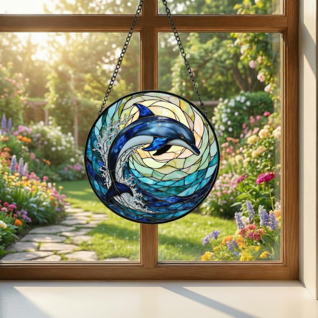 Dolphin Stained Glass Window Suncather Gift for Women (Blue, 6.3'') image 3