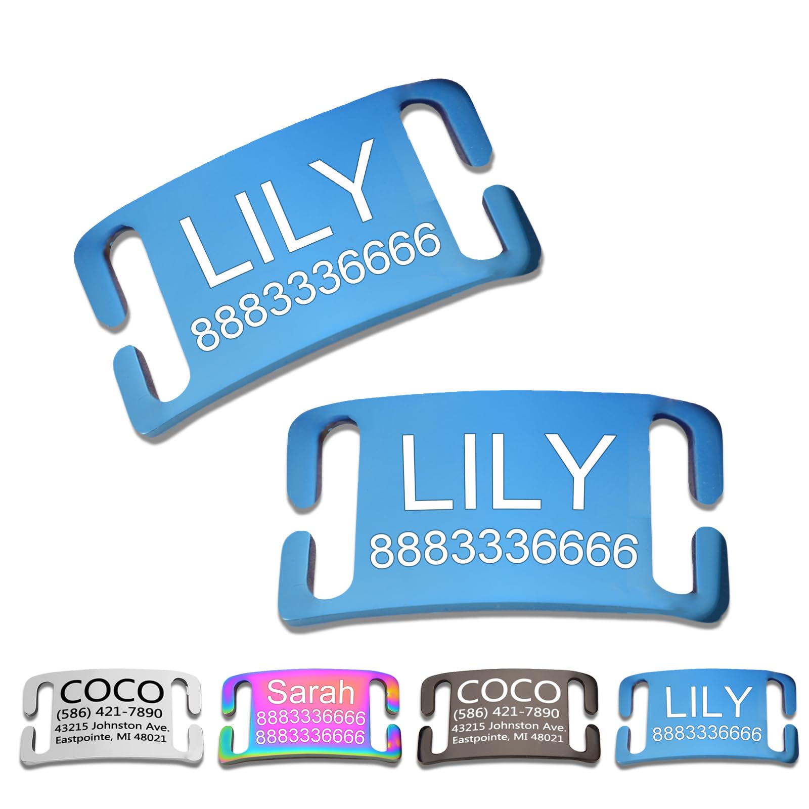 Slide-On Pet ID Tag,Silent Collar Tag for Dog and Cat Collars,Curved Personalized Engraved Tag,Custom Stainless Steel Chew-Proof Tags,4 Sizes,Glossy Finish Blue,Open End,Blue