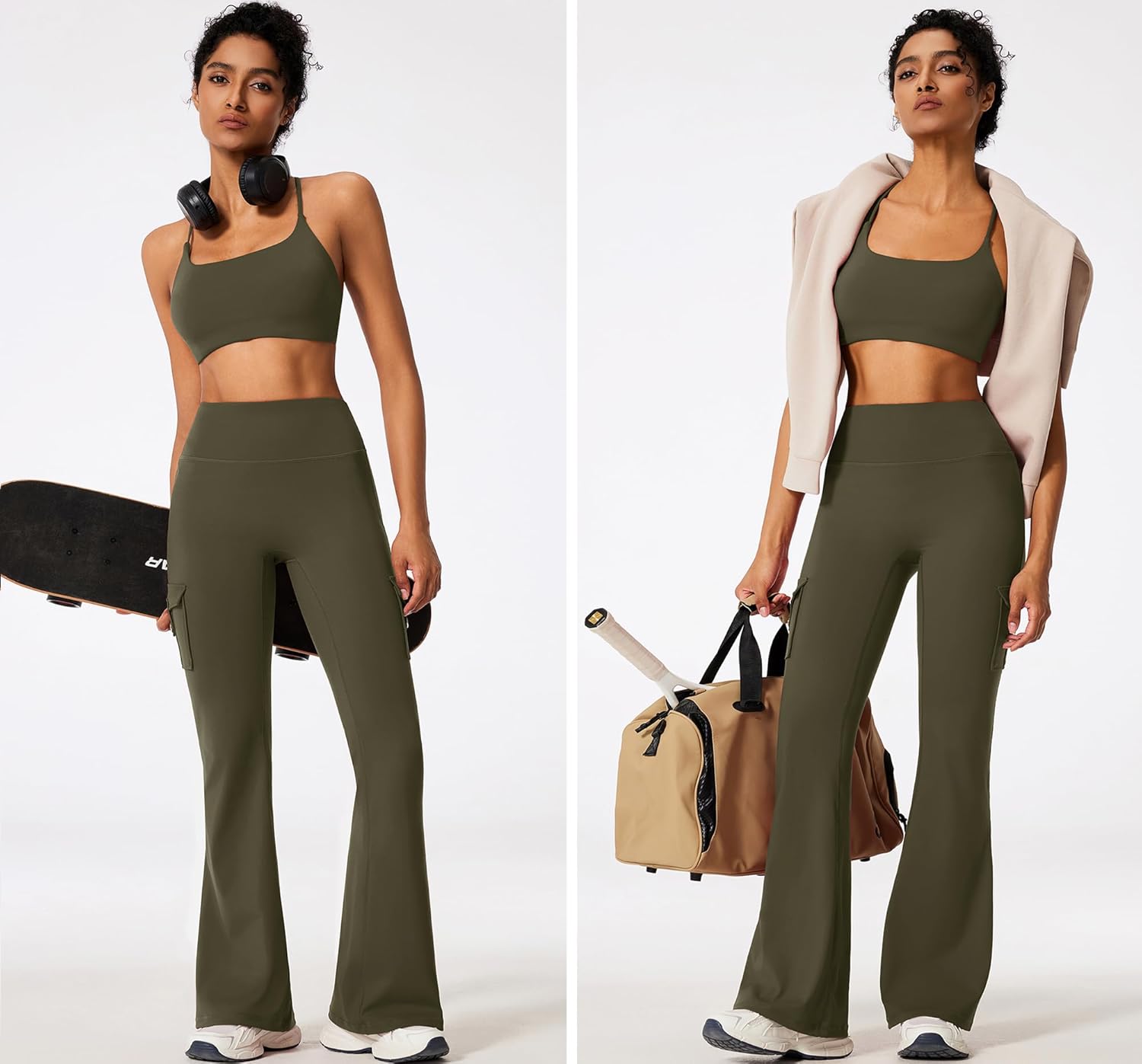 RXRXCOCO Women 2 Piece Workout Sets Flare Leggings with Pockets Butt Lifting High Waisted Cargo Gym Yoga Sets Pilates Outfits - Image 5