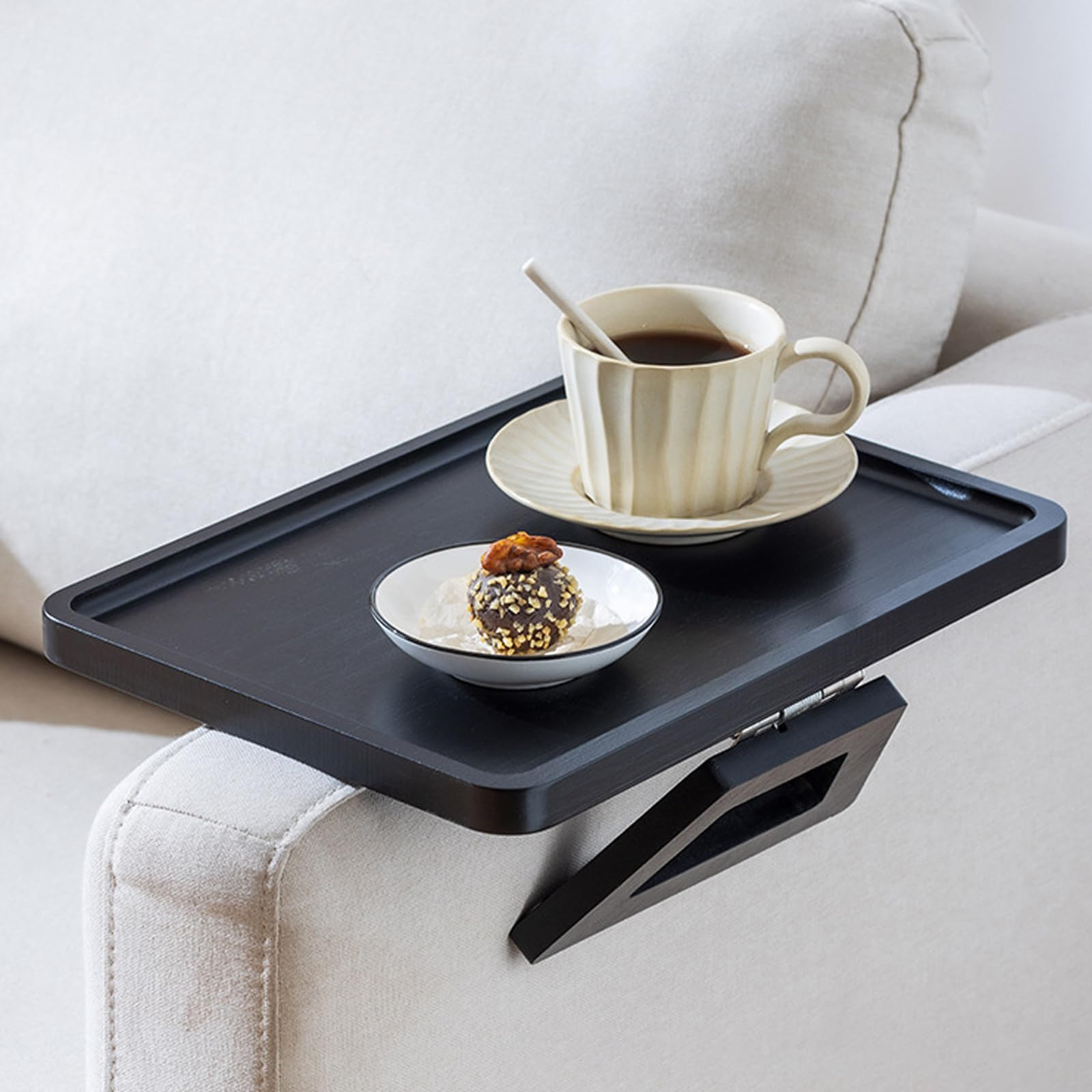 Bandeja plegable para brazo de sofá, con clip, antideslizante, soporte de madera para ahorrar espacio, con respaldo para revistas y drin (negro)