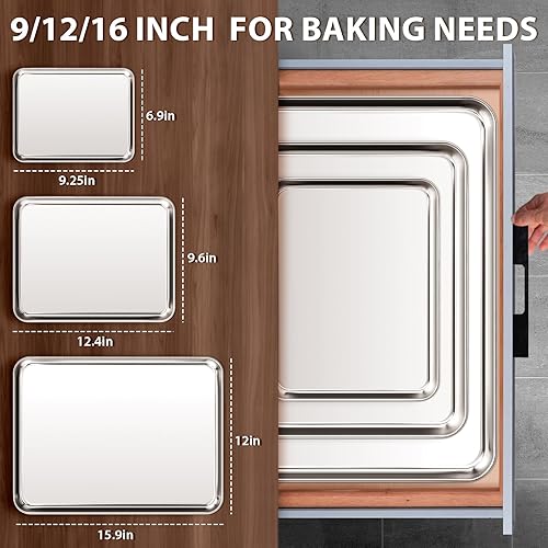 Miniatura 3 de Fire More Juego de 3 bandejas para hornear, bandejas de acero inoxidable para hornear, 91216 pulgadas, juego de sartenes para hornear resistentes y