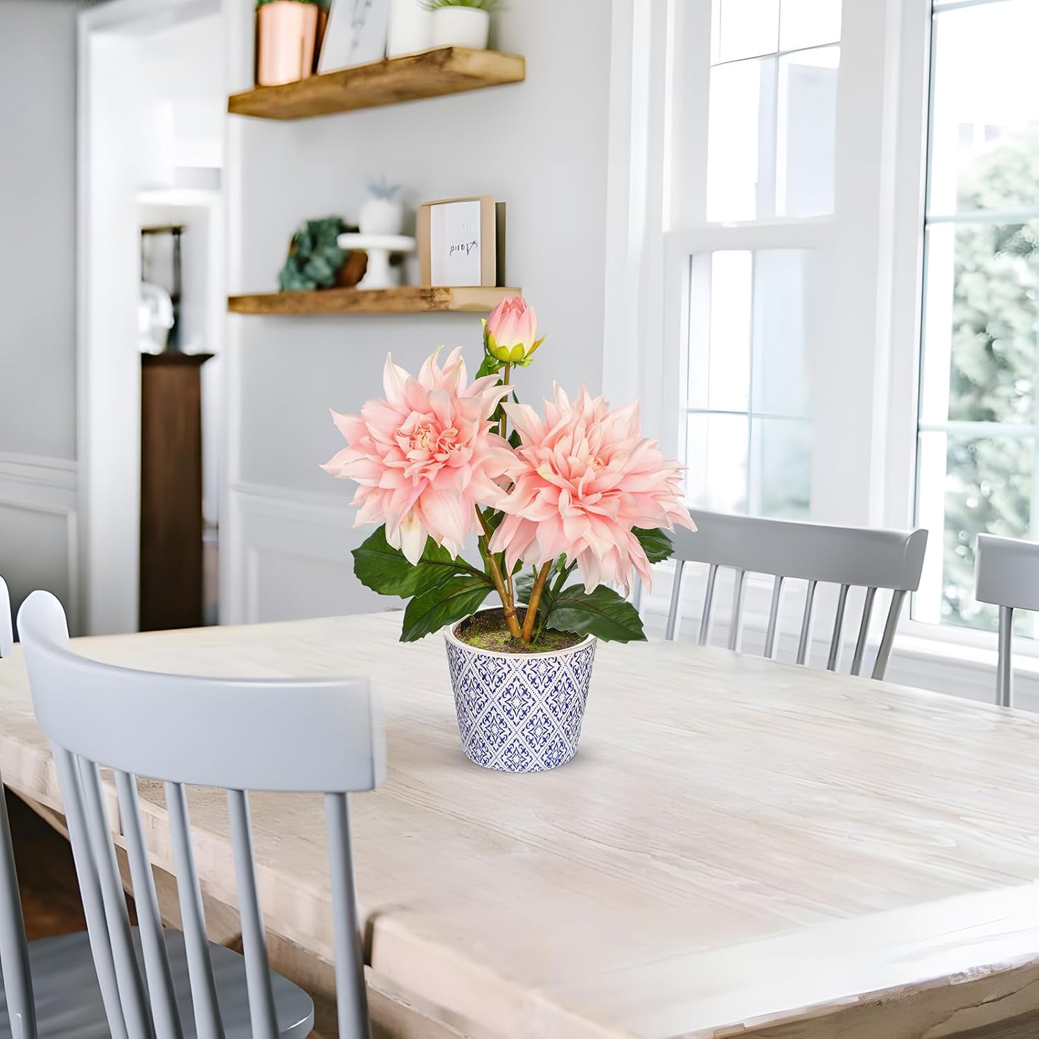 Briful Artificial Dahlia Flower in Blue and White Ceramic Pot – 13.8" Silk Dahlias Arrangement Faux Potted Dahlia Floral Centerpiece for Home Office Kitchen Dining Room Table Shelf Decor(Pale Pink) - Image 4