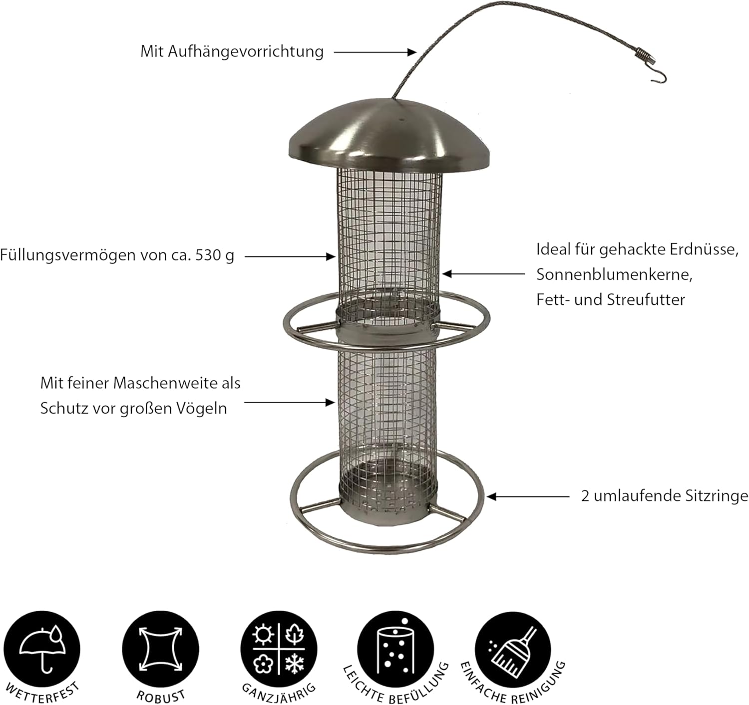 Dehner Natura Domestico Wild Bird Feeder Approx. 28 x 14 x 14 cm Stainless Steel Silver