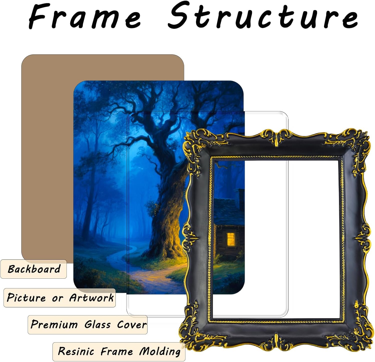 Vintage 8x10 Picture Frame, Black Ornate Baroque Photo Frame with Hand-Painted Gold Decorative Floral Design, Antique Tabletop or Wall Hanging Retro Home Decor Photo Gallery Art