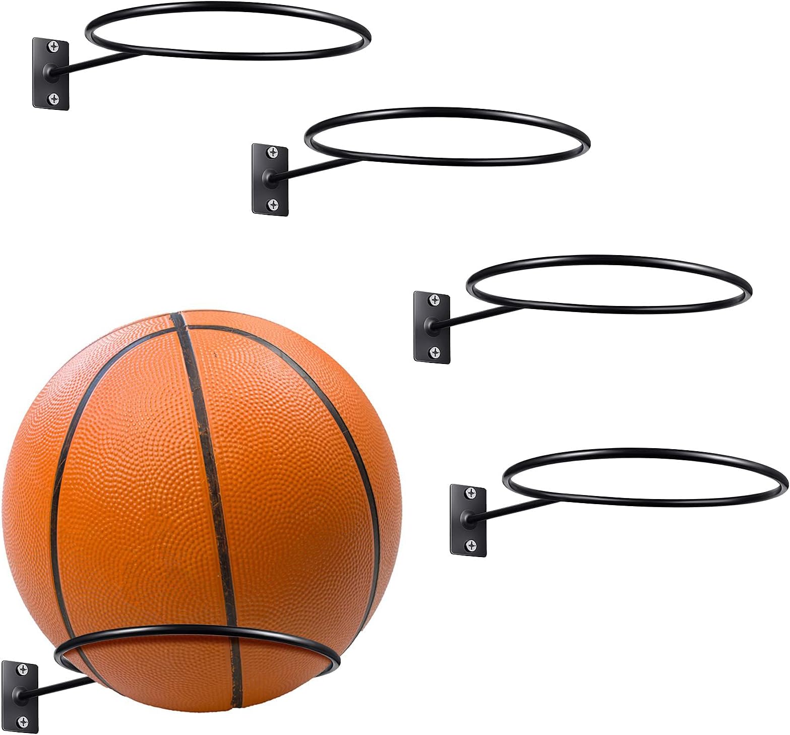4pack Mounted Ball Wall Storage Display Ball Storage Universal Ball Rack Metal Ball Holder Black Ball Rack Holder for Basketball Football Volleyball Soccer Storage Display