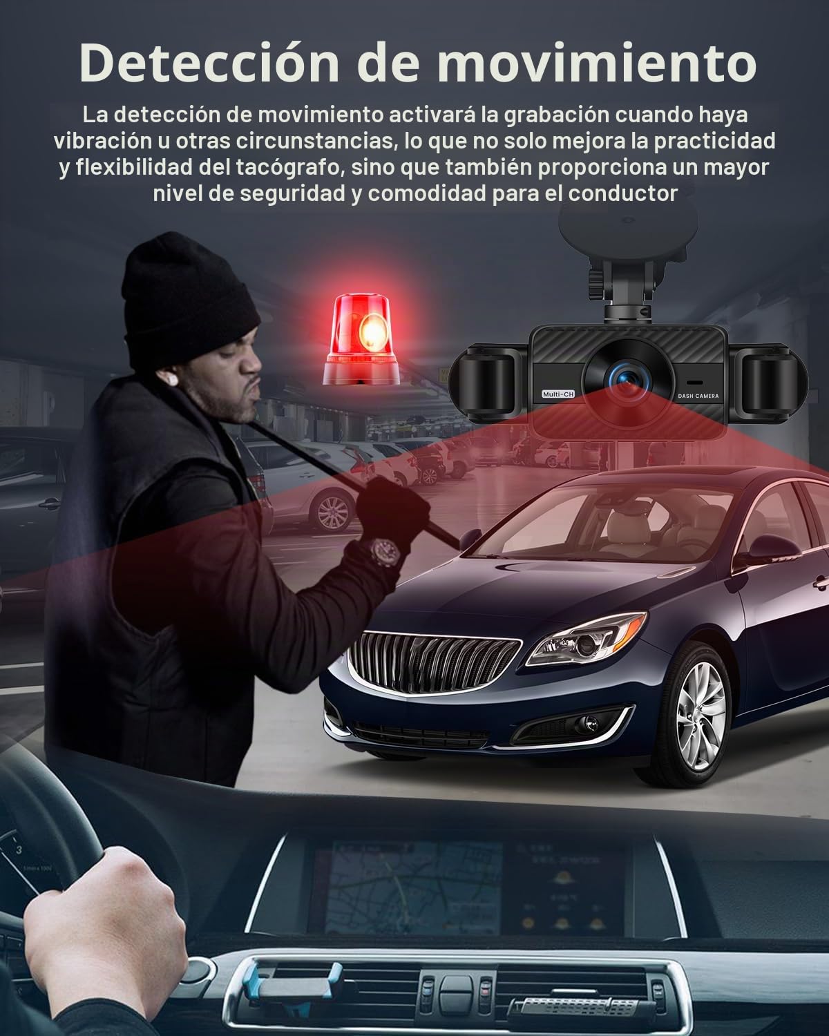 NHOPEEW Dash CAM de 4 Canales con Pantalla táctil IPS de 3 Pulgadas Frontal y Trasera con 8 Luces IR de visión Nocturna, grabación en Bucle, grabación de 24 Horas, Sensor G + Tarjeta TF de 64 G