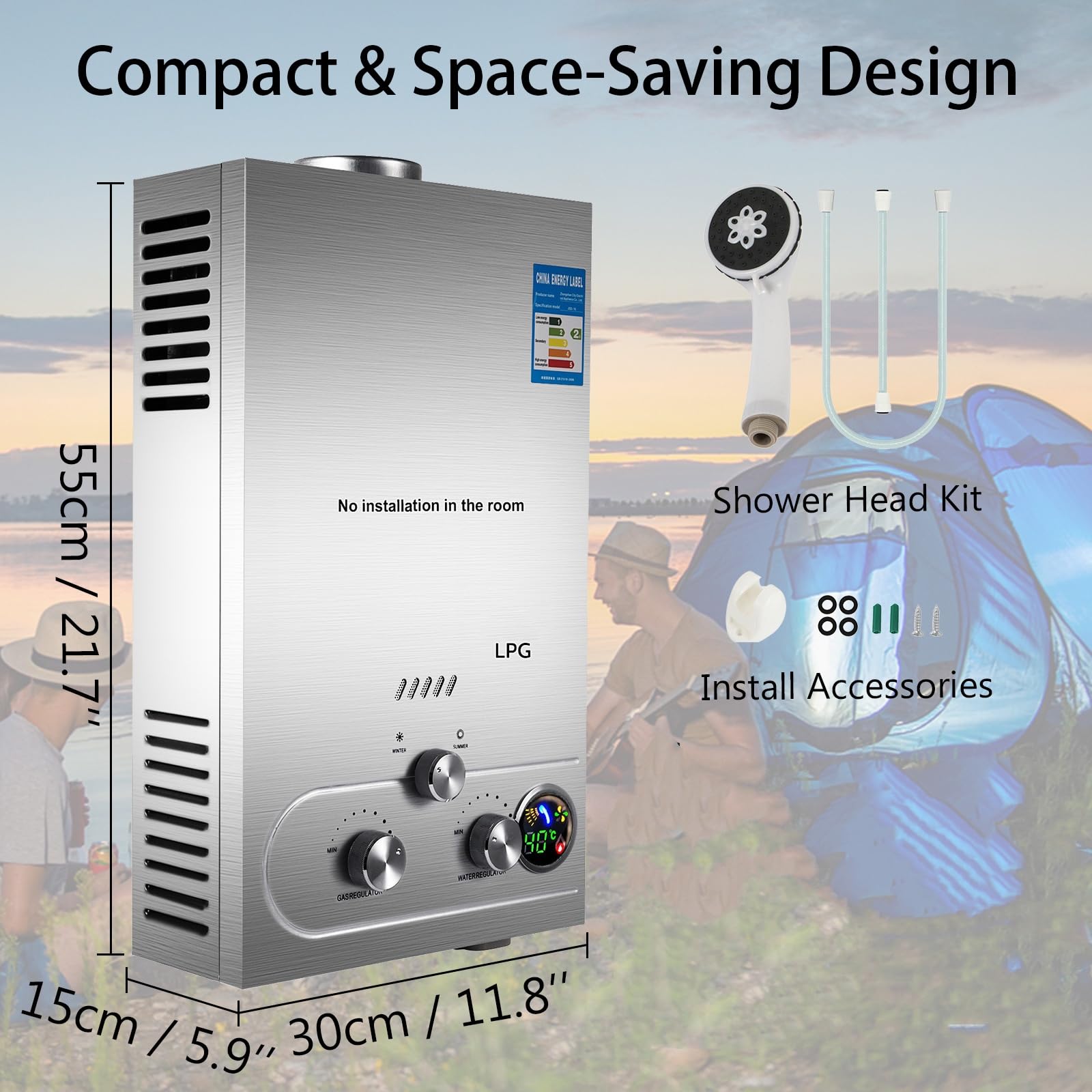 16L Scaldacqua a Gas Propano GPL 32KW Propano Butano Riscaldatori di Acqua a Gas Liquefatto,Scaldabagno Istantaneo Senza Serbatoio, per Campeggio,Camper,Casa,Uscita Dell'acqua Calda 16L/min