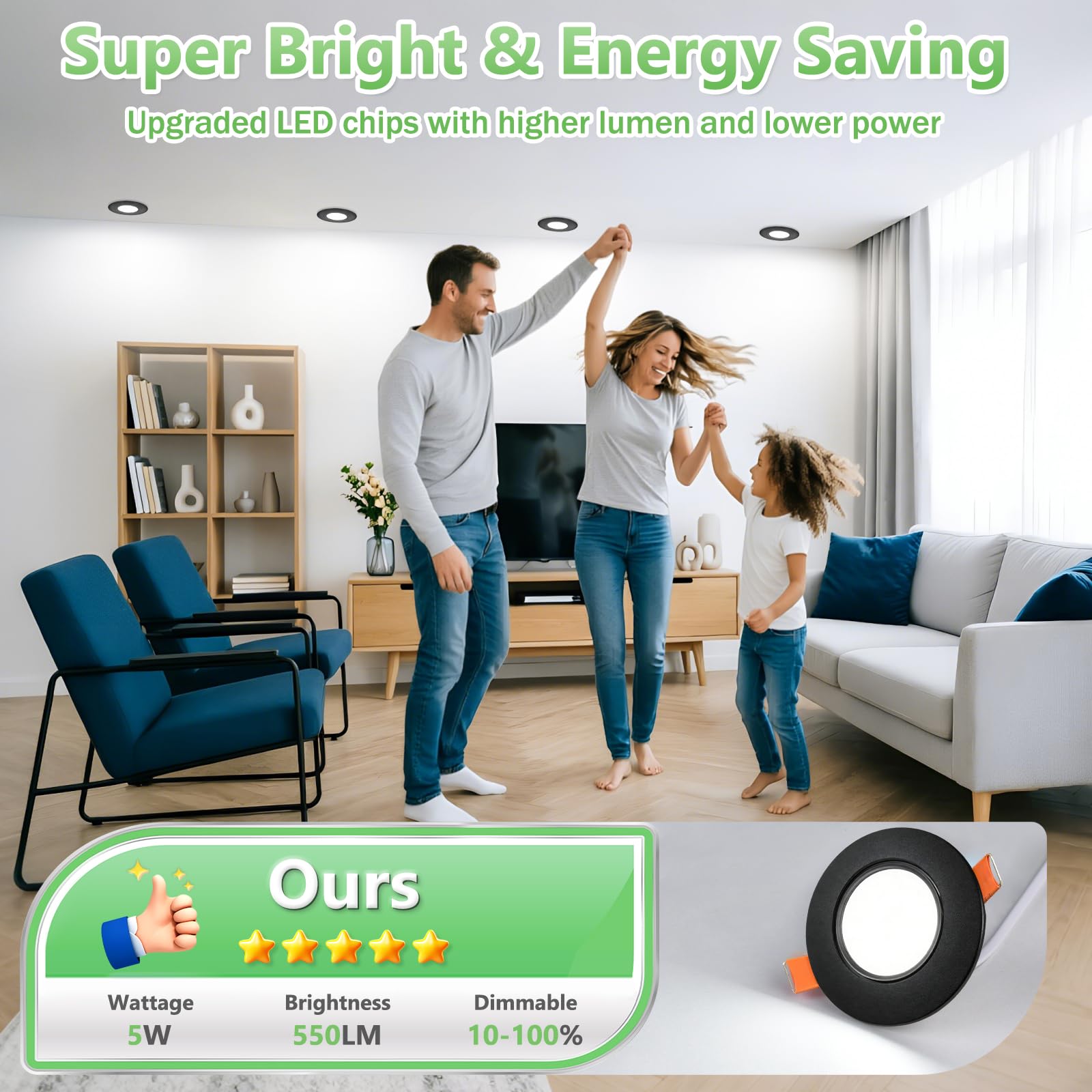 YindaLux Foco LED empotrable 230V Regulable 5W IP44 Ultrafino, Corte 68-80 mm, 3000K/4000K/6000K, Orientable 45°, Focos de techo para Baño Cocina Negro, Pack de 6