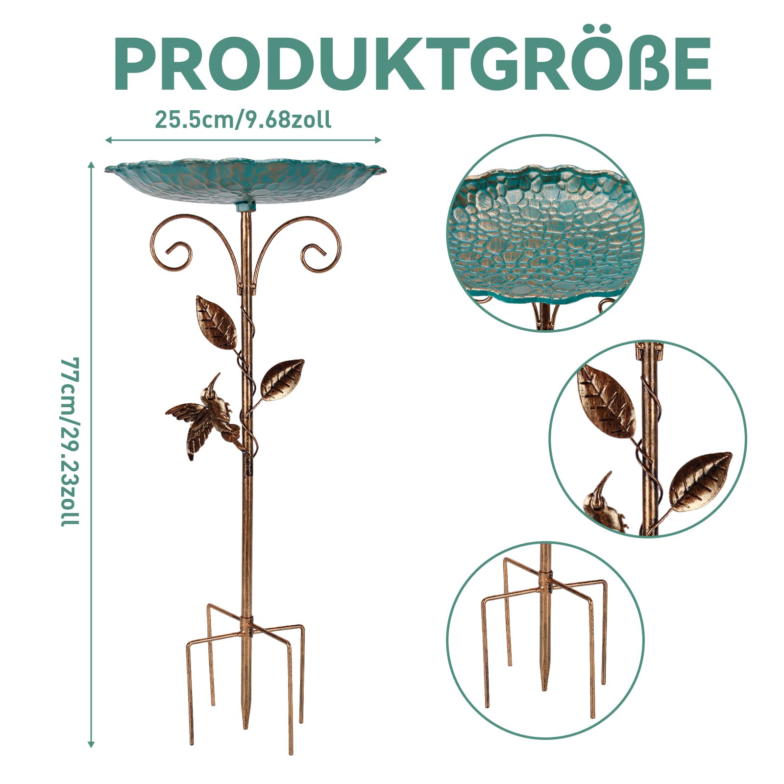 Vogeltränke Stehend Garten, 78cm Katzensicher Vogelbad Winterfest Frostsicher Rostfrei, Vintage Metall Vogelbecken mit 5-Zacken Erdspieß, 2 in 1 Wildvogeltränke & Futterstation