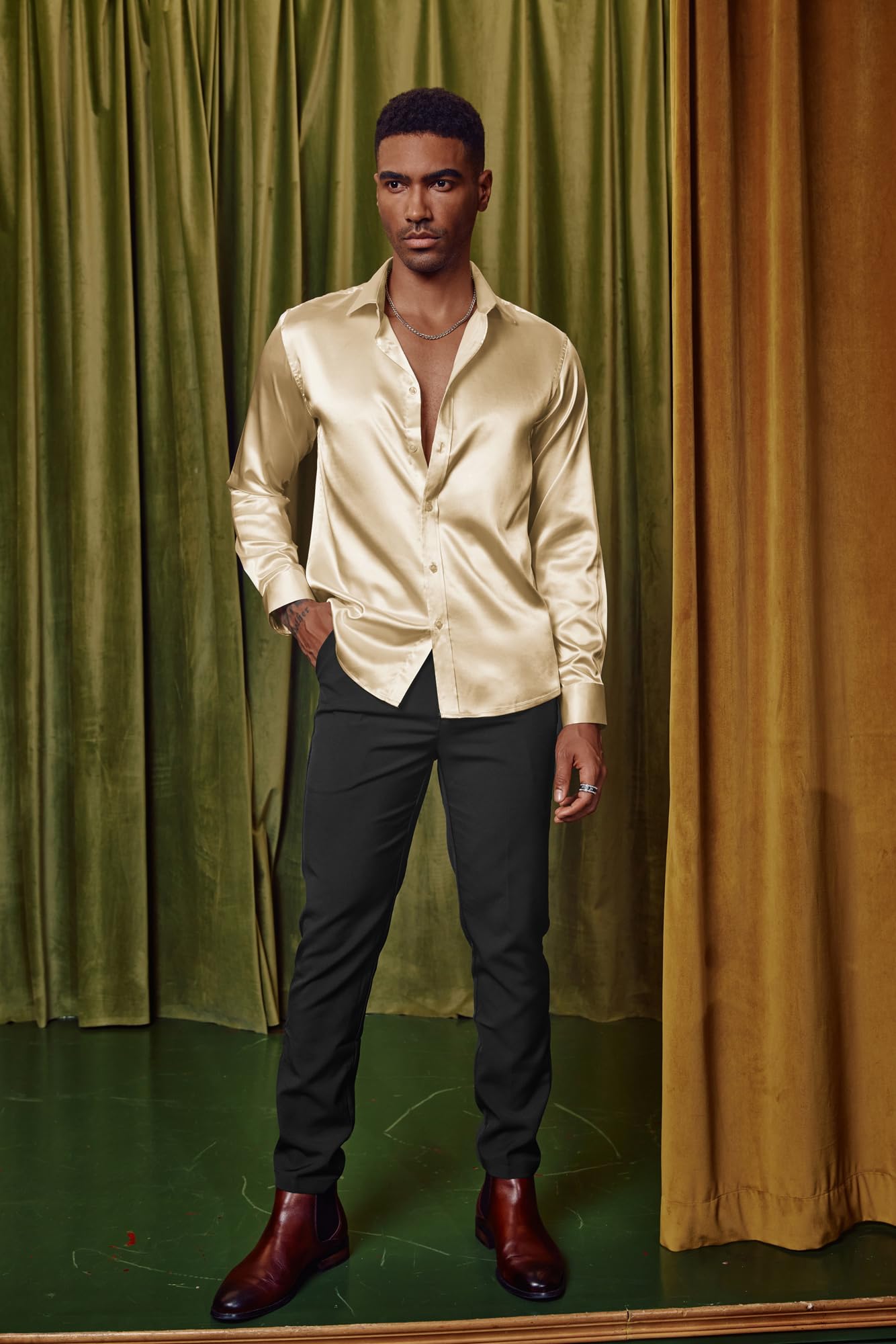 PaulJones Camisa de negocios para hombre, manga larga, sin planchado, satén, fiesta, boda, camisa con pajarita a juego | Camisas de esmoquin de seda para hombre, camisas de lujo con botones para boda, fiesta, discoteca, graduación, lentejuelas