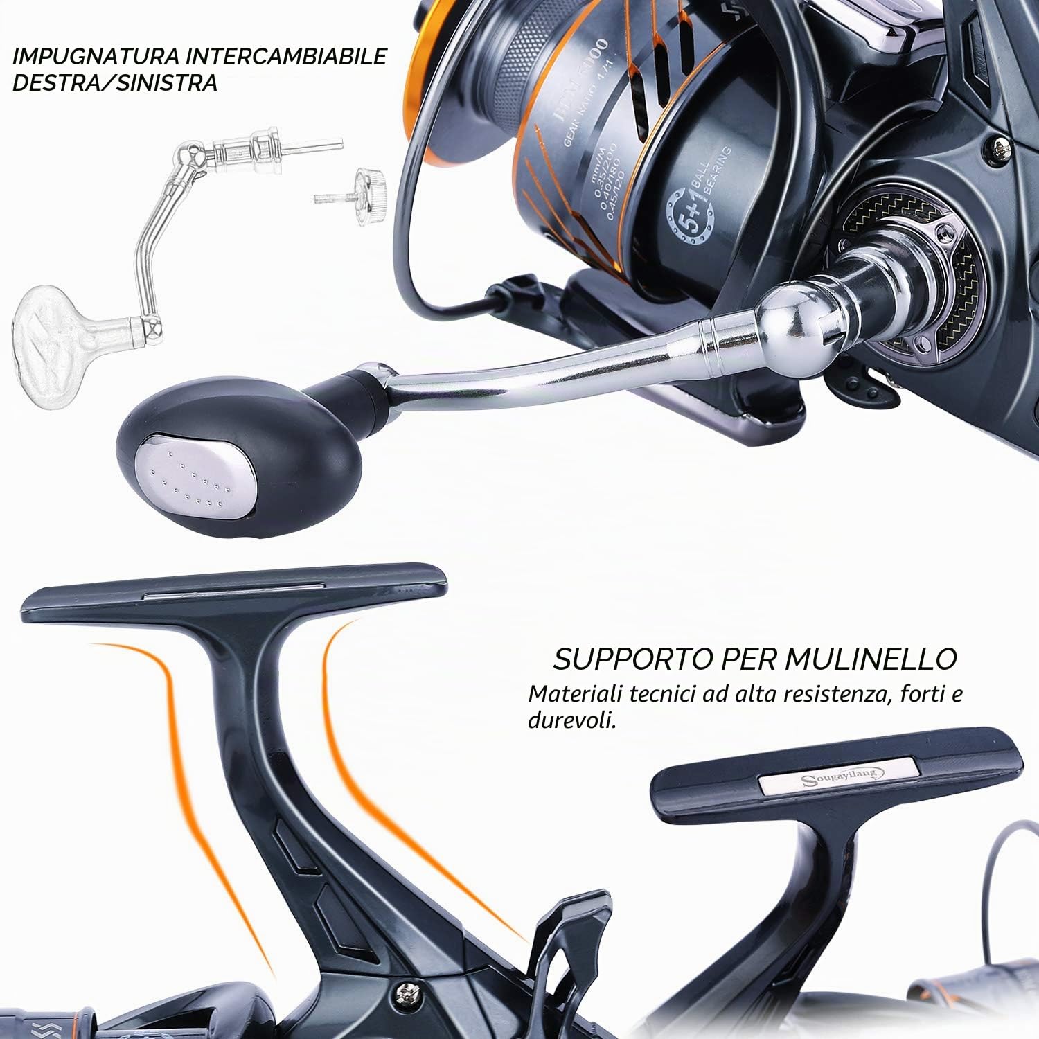 Sougayilang - Mulinello da pesca alla carpa 5+1 blindato in acciaio inox BB - Drag in fibra di carbonio