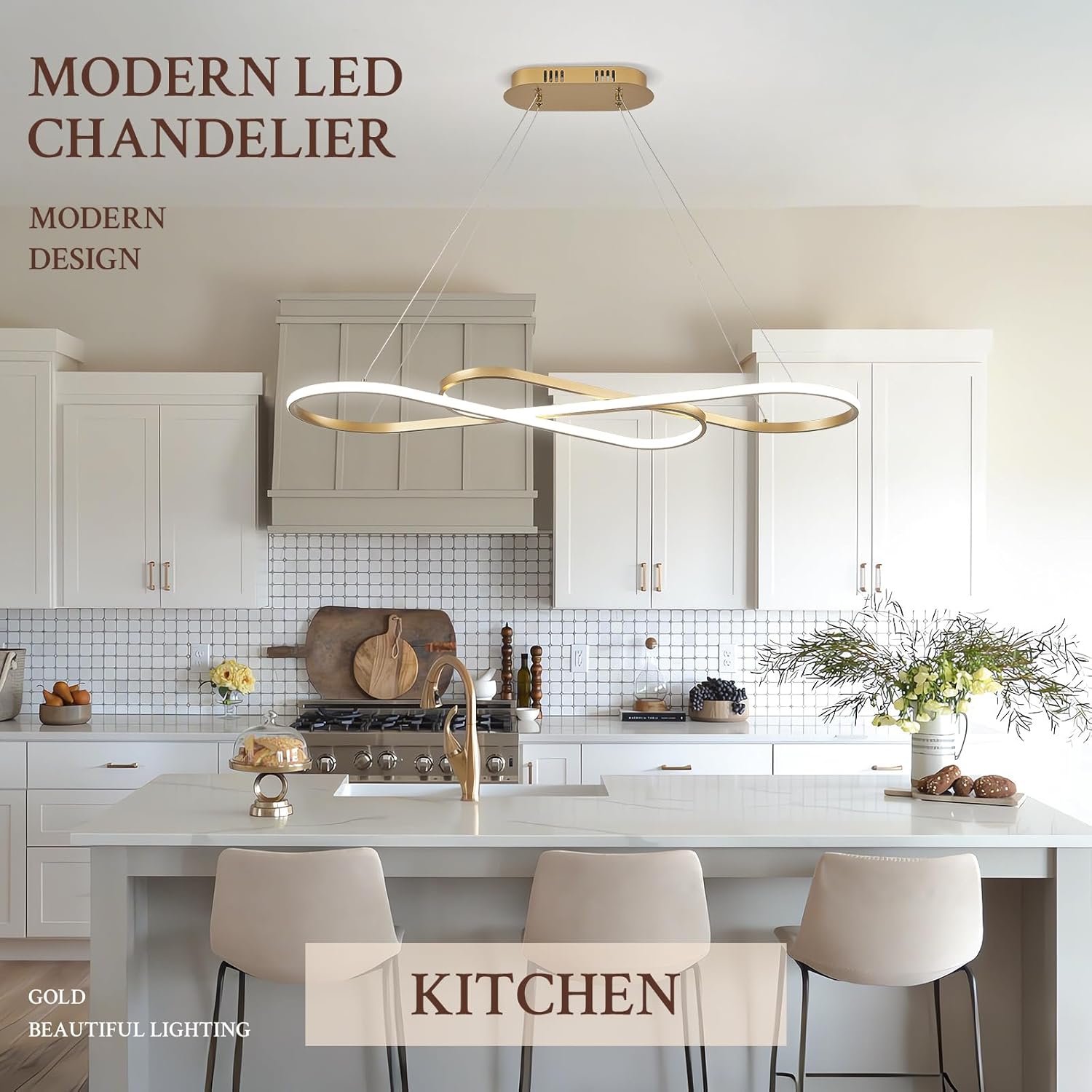 Modern LED Chandelier Gold Dimmable LED Pendant Light for Dining Room Light Fixture Over Table Modern Kitchen Island Lighting High Ceiling with Remote for Living Room(42 Inch, 3000K-6500K)